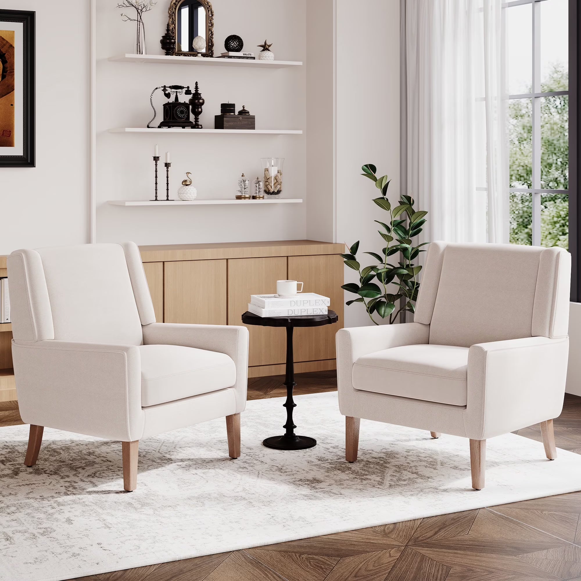 AFO Modern Accent Chair, High Back Upholstered Fabric Armchair with Wood Legs, Mid-Century Wingback Chair for Living Room Bedroom