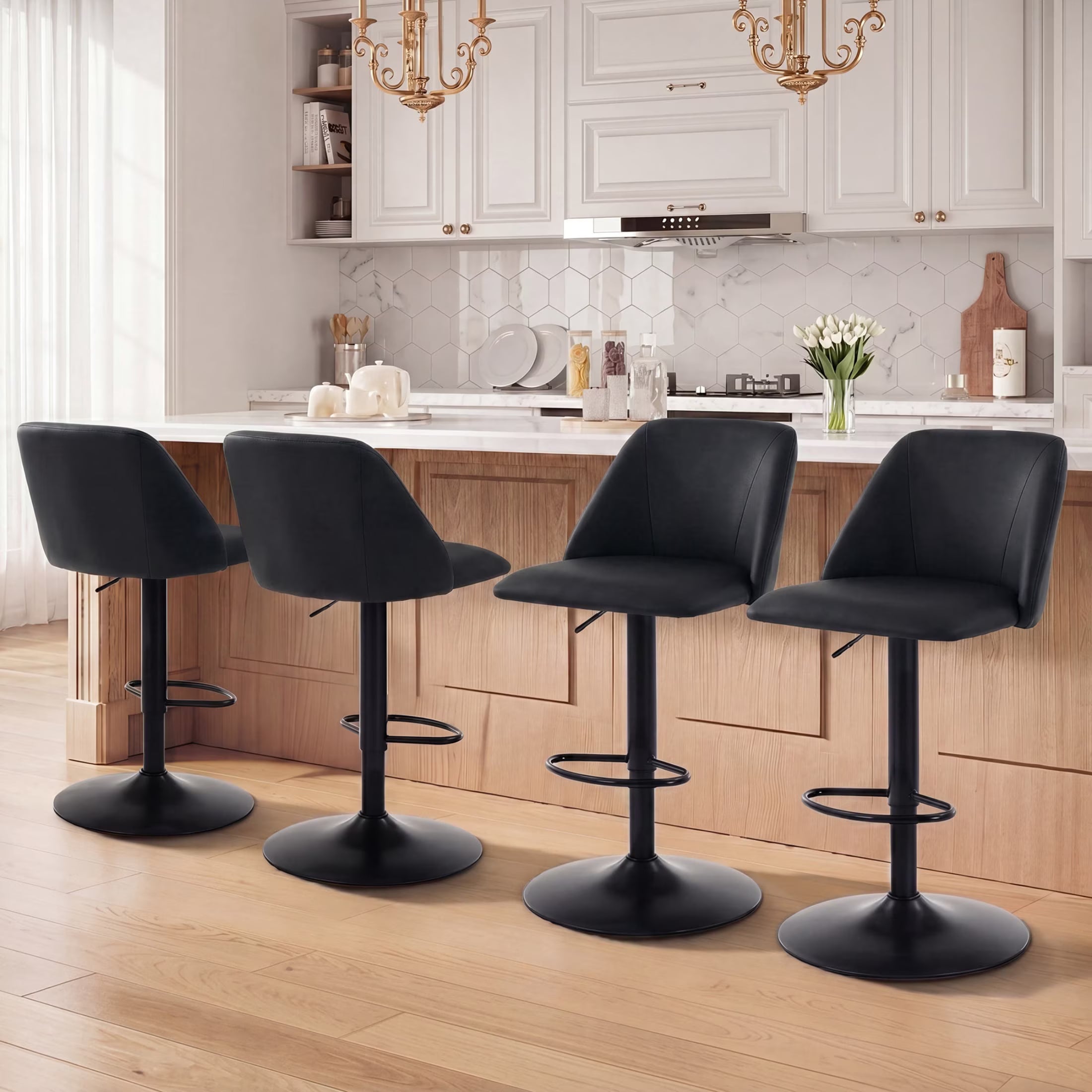 AFO Swivel Counter Height Bar Stools, Fabric Adjustable Upholstered Bar Chairs with Full Backrest, Modern Barstools for Kitchen Island, Dining Room, Café and Home Bar