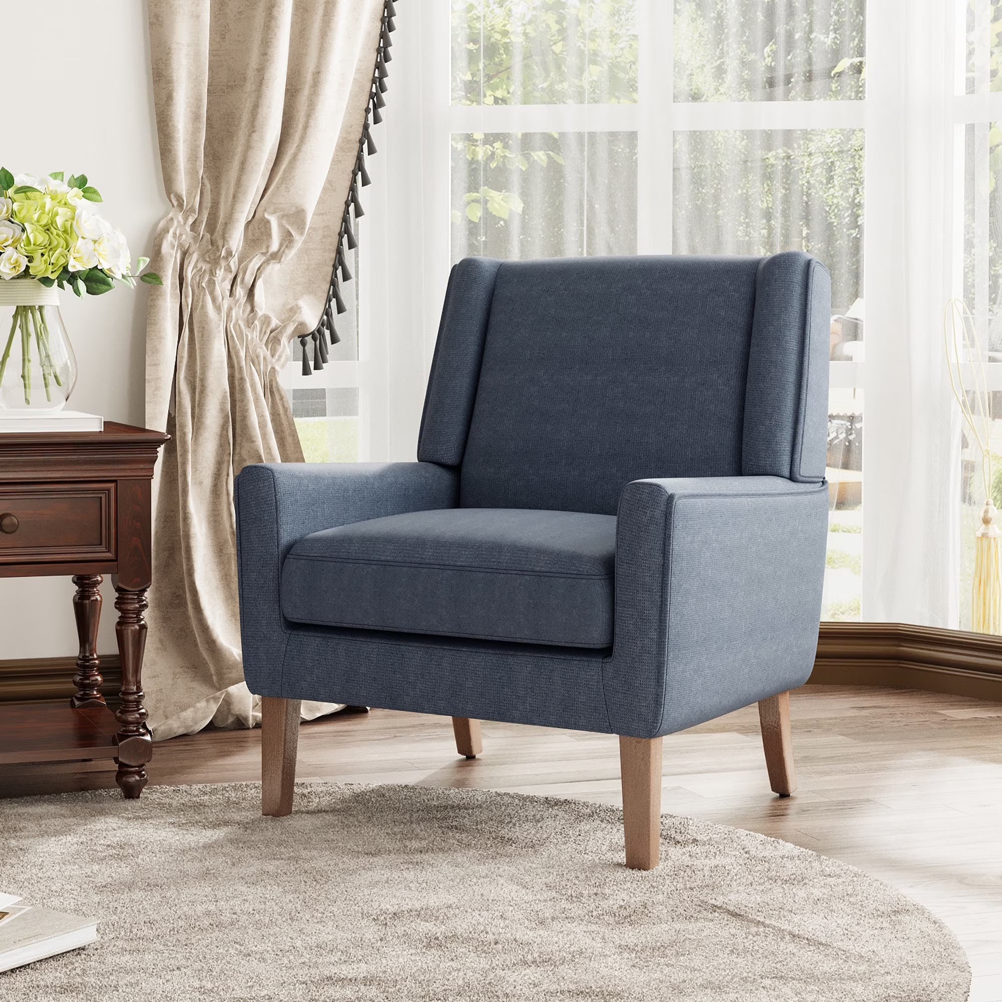 AFO Modern Accent Chair, High Back Upholstered Fabric Armchair with Wood Legs, Mid-Century Wingback Chair for Living Room Bedroom