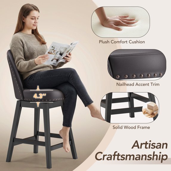 AFO 26" Upholstered Swivel Counter Height Bar Stools, Modern Bar Chairs with Solid Wood Frame, Suitable for 35"-39" Table, For Kitchen Island Dining Room Pub Restaurant