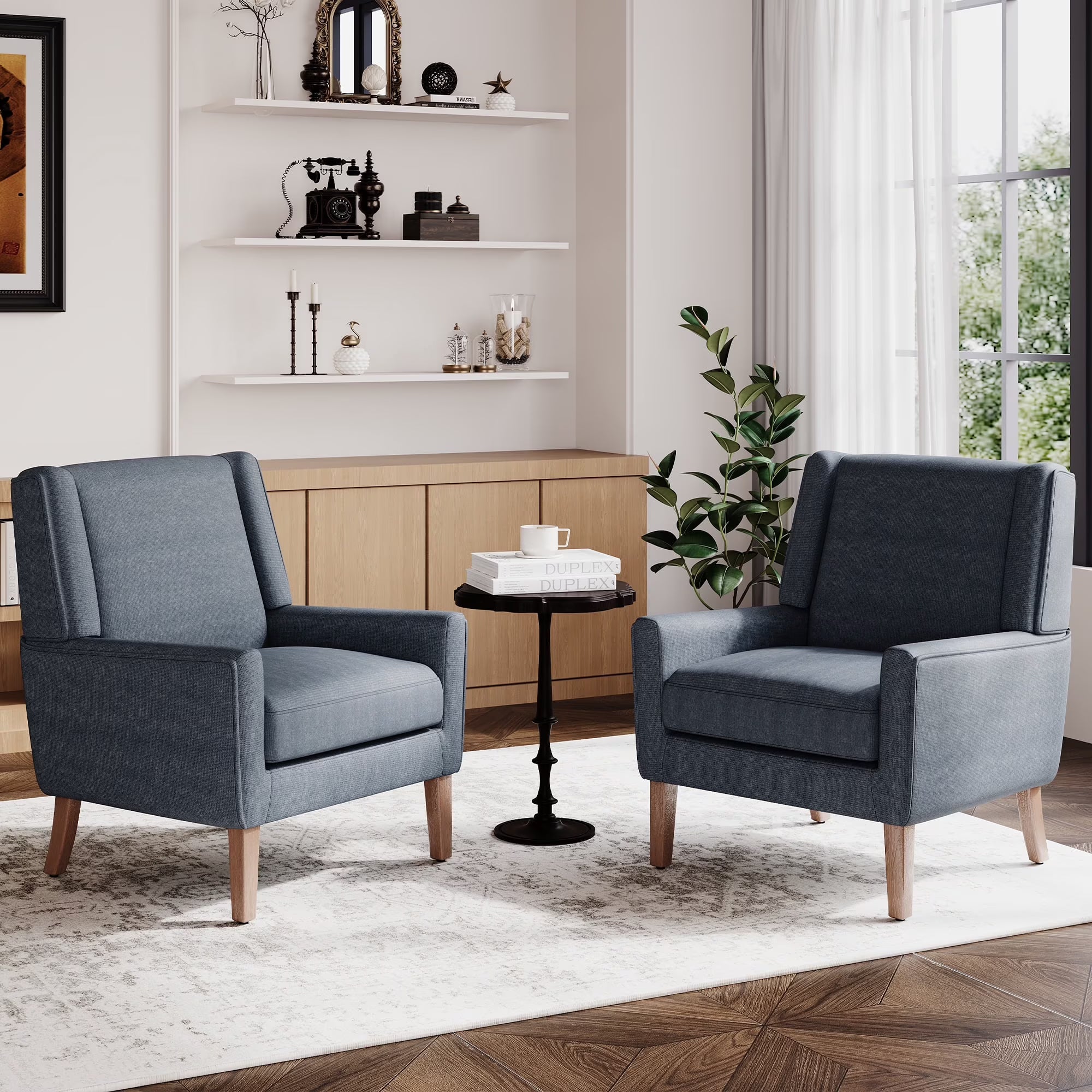AFO Modern Accent Chair, High Back Upholstered Fabric Armchair with Wood Legs, Mid-Century Wingback Chair for Living Room Bedroom