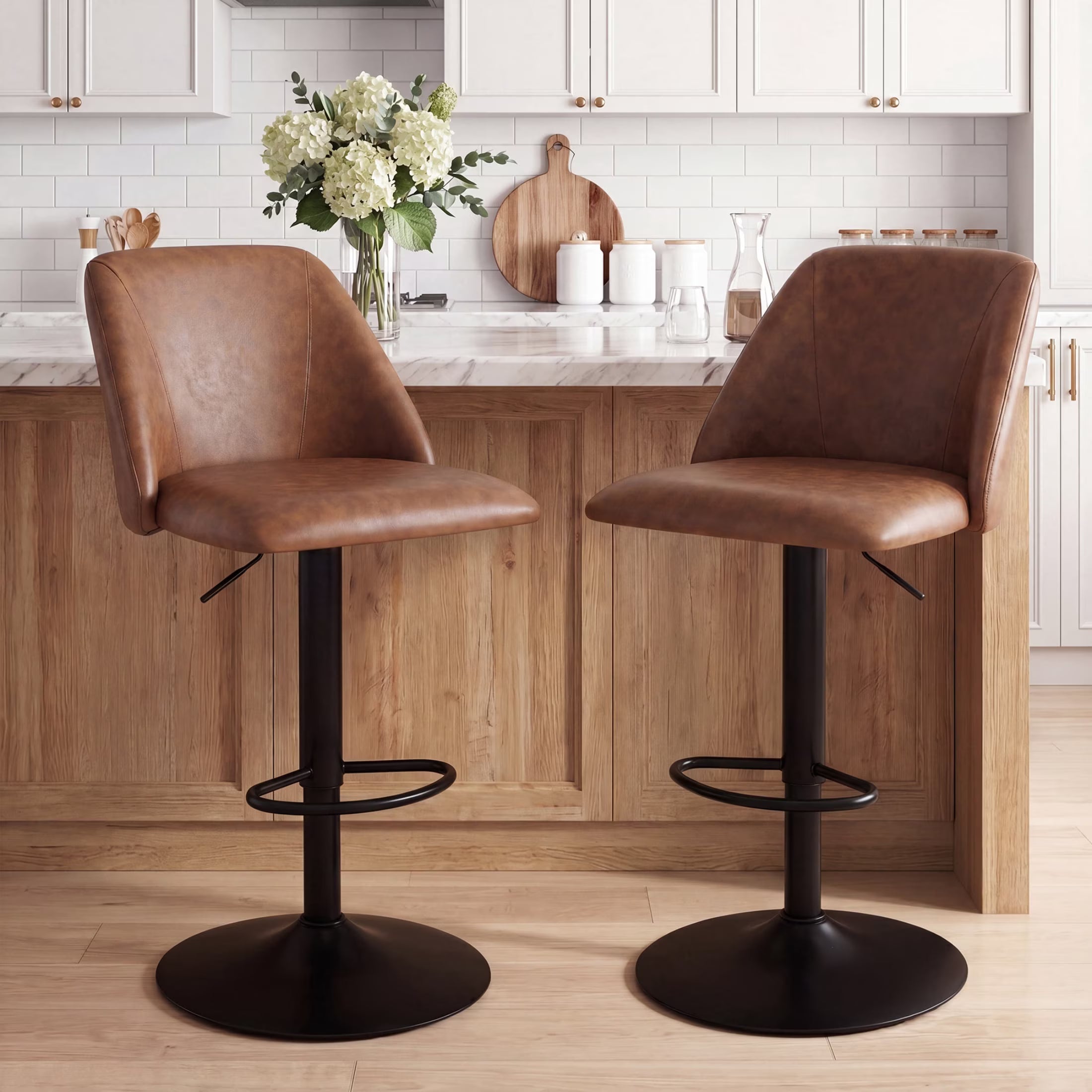 AFO Swivel Counter Height Bar Stools, Fabric Adjustable Upholstered Bar Chairs with Full Backrest, Modern Barstools for Kitchen Island, Dining Room, Café and Home Bar