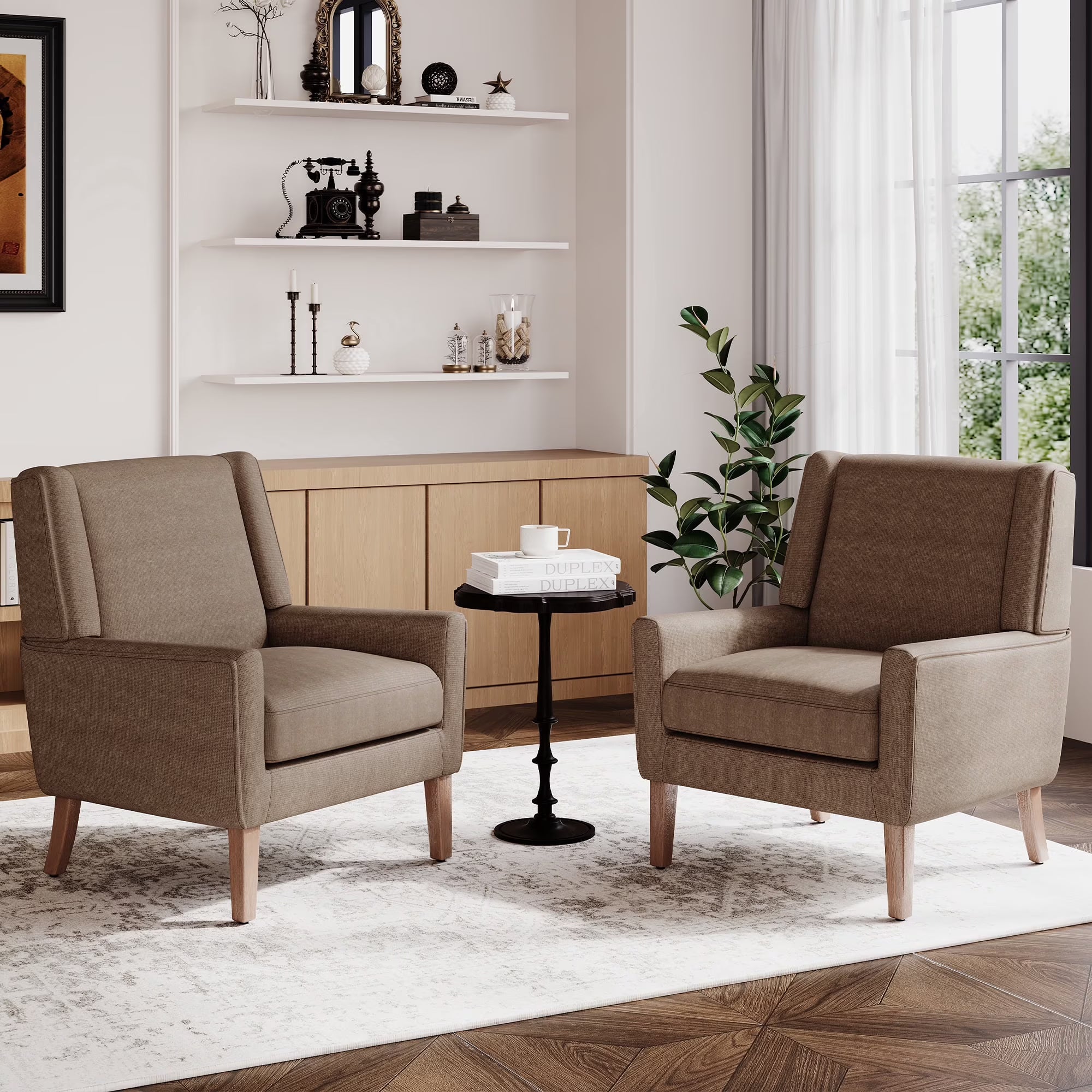 AFO Modern Accent Chair, High Back Upholstered Fabric Armchair with Wood Legs, Mid-Century Wingback Chair for Living Room Bedroom