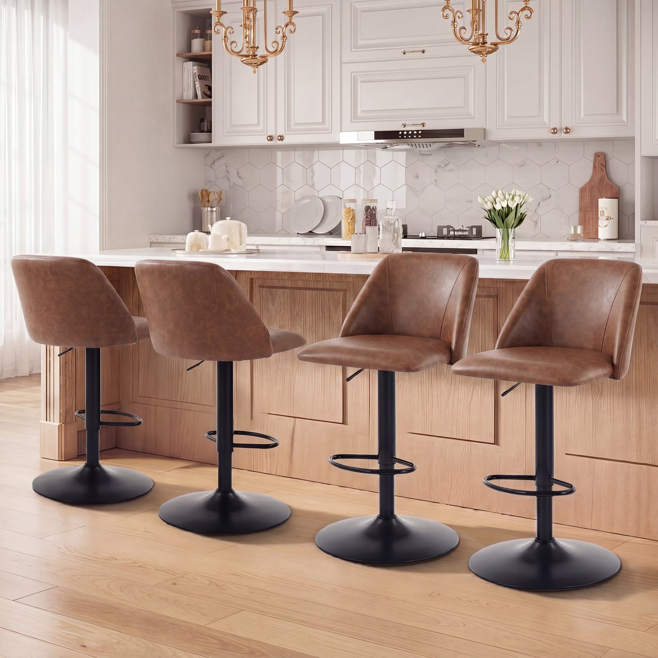 AFO Swivel Counter Height Bar Stools, Fabric Adjustable Upholstered Bar Chairs with Full Backrest, Modern Barstools for Kitchen Island, Dining Room, Café and Home Bar