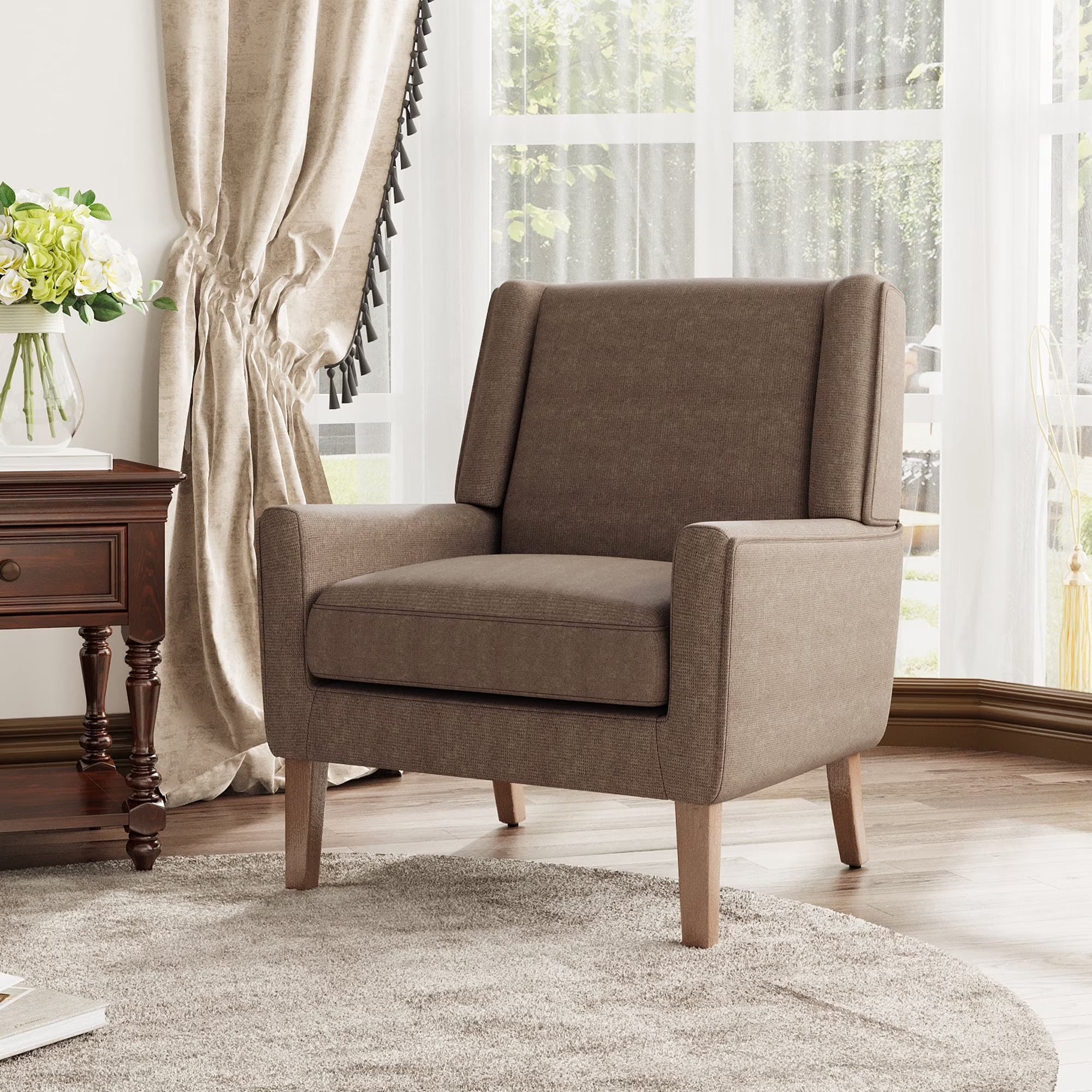 AFO Modern Accent Chair, High Back Upholstered Fabric Armchair with Wood Legs, Mid-Century Wingback Chair for Living Room Bedroom