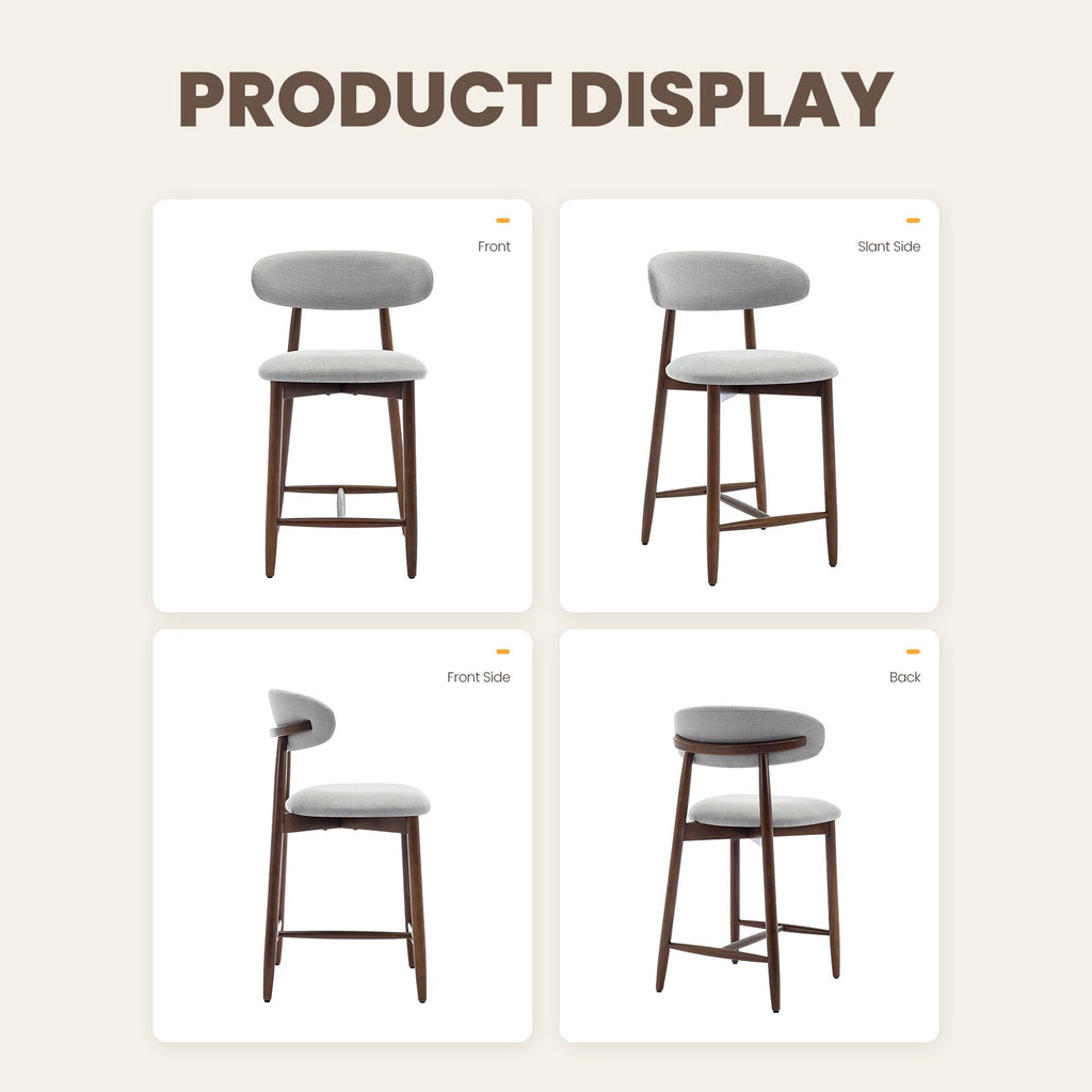 AFO 26" Counter Height Bar Stools, Kitchen Bar Stools With Curved Back & Wood Legs, Mid Century Modern Upholstered, For Kitchen Island Dining Room