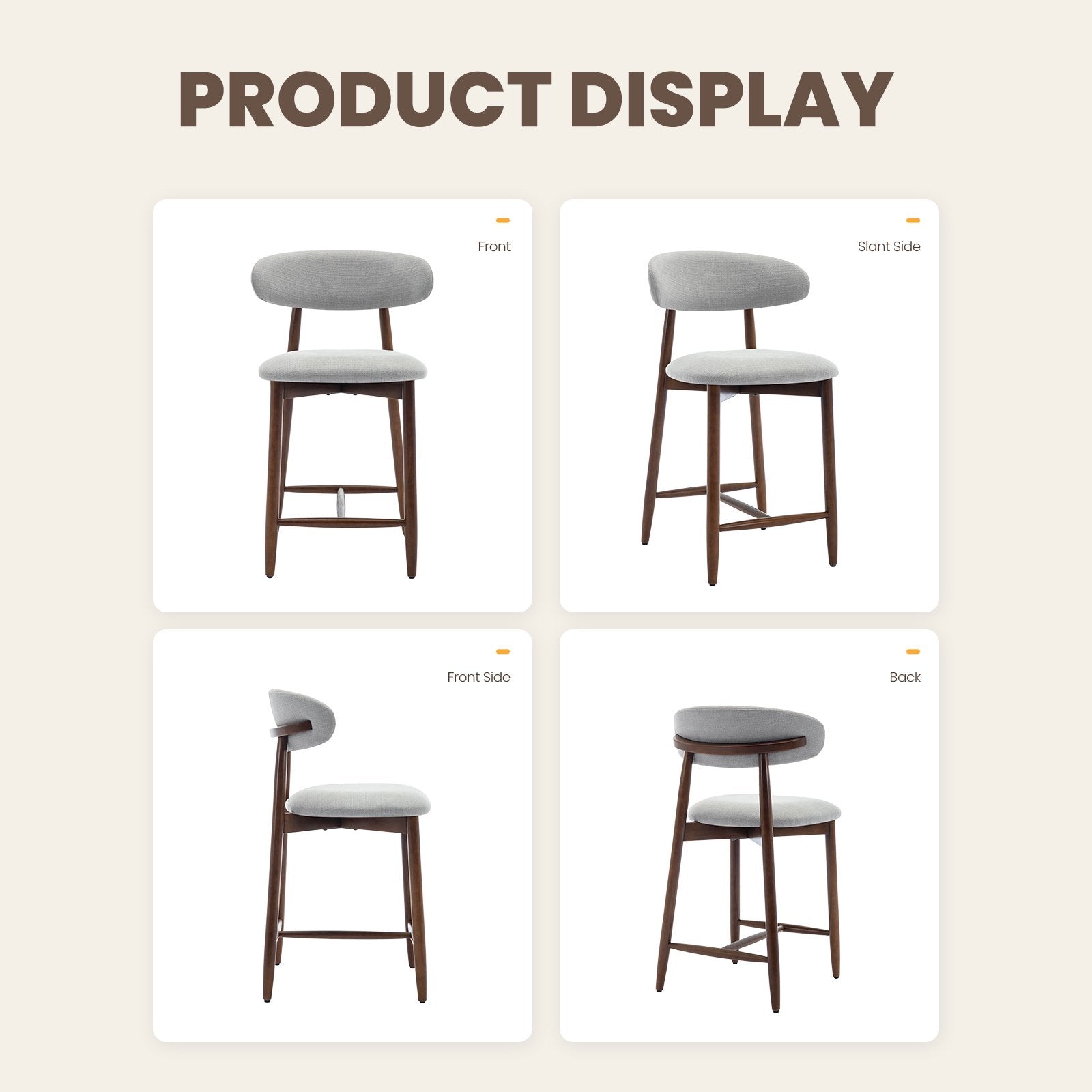 AFO 26" Counter Height Bar Stools, Kitchen Bar Stools With Curved Back & Wood Legs, Mid Century Modern Upholstered, For Kitchen Island Dining Room