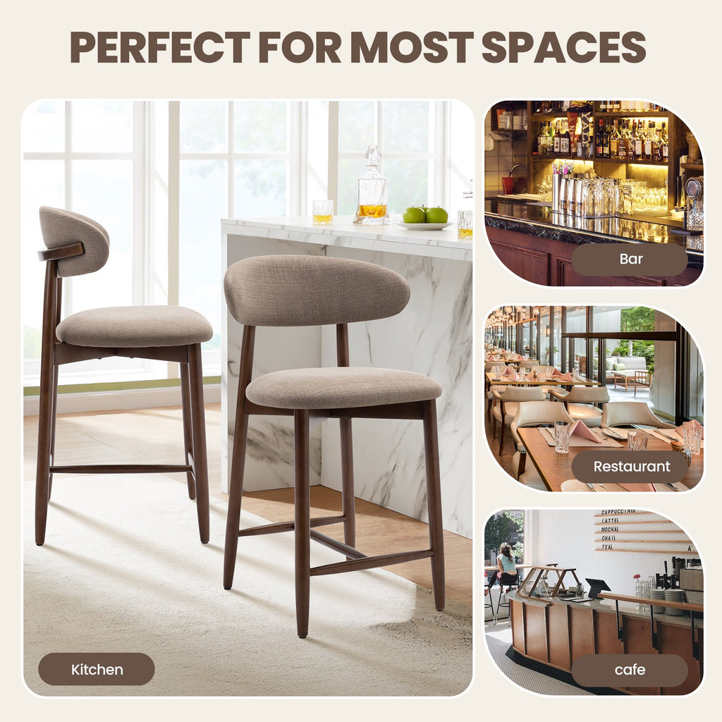 AFO 26" Counter Height Bar Stools, Kitchen Bar Stools With Curved Back & Wood Legs, Mid Century Modern Upholstered, For Kitchen Island Dining Room