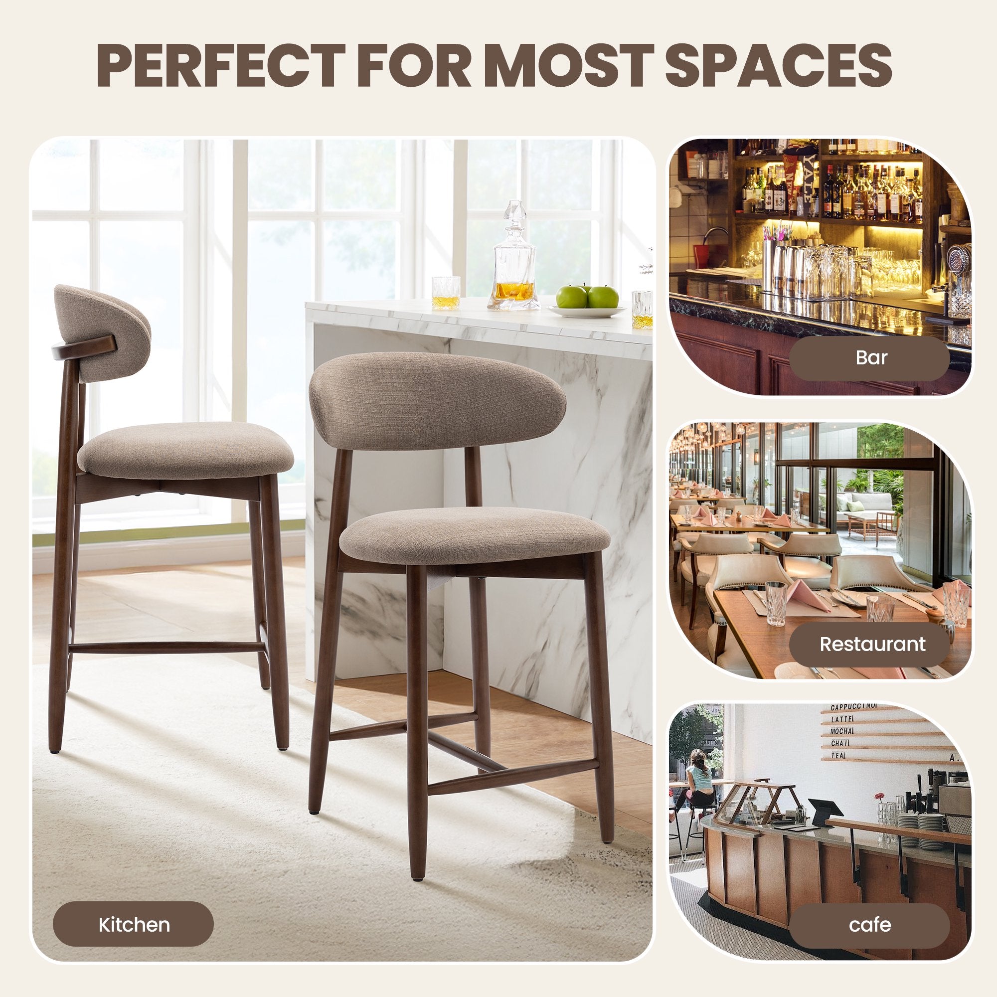 AFO 26" Counter Height Bar Stools, Kitchen Bar Stools With Curved Back & Wood Legs, Mid Century Modern Upholstered, For Kitchen Island Dining Room