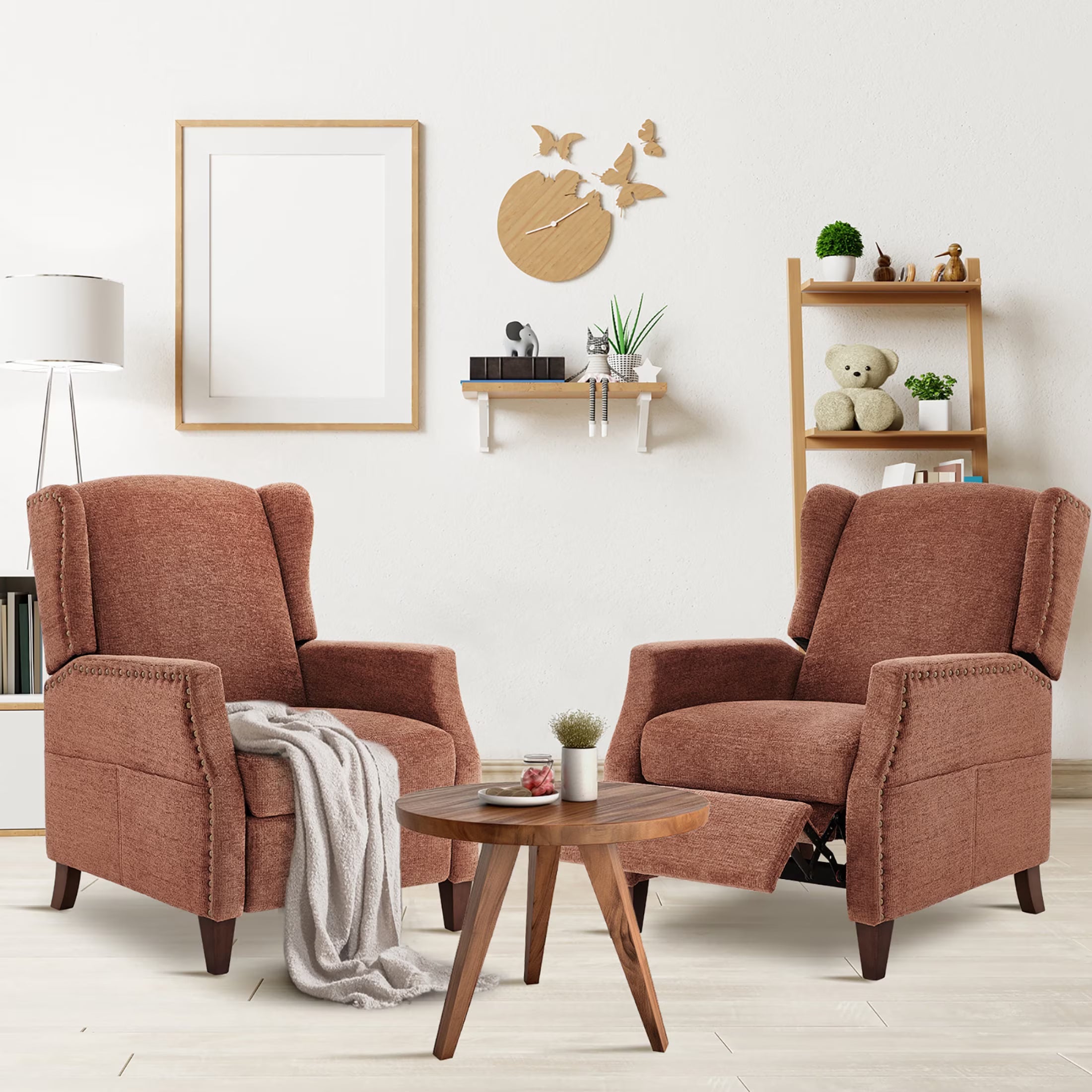 AFO Push-Back Recliner with Side Pockets, Solid Wood Ergonomic Armchair for Living Room and Bedroom