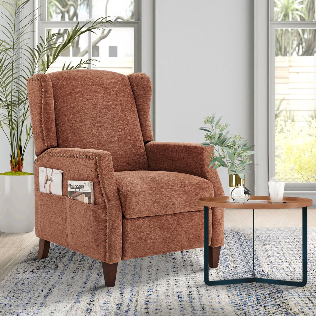 AFO Push-Back Recliner with Side Pockets, Solid Wood Ergonomic Armchair for Living Room and Bedroom