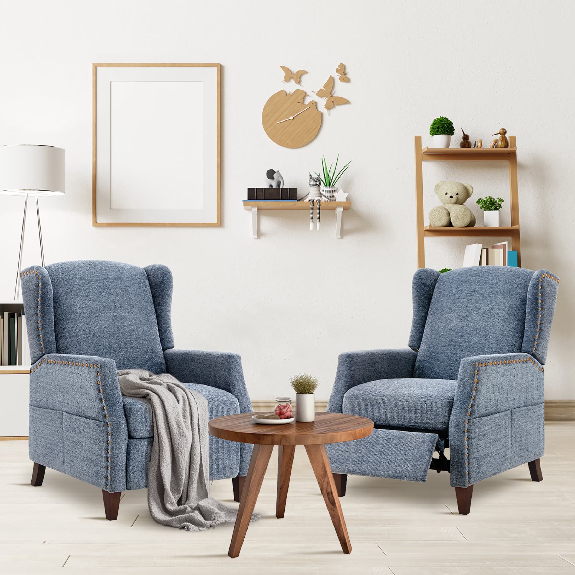 AFO Push-Back Recliner with Side Pockets, Solid Wood Ergonomic Armchair for Living Room and Bedroom