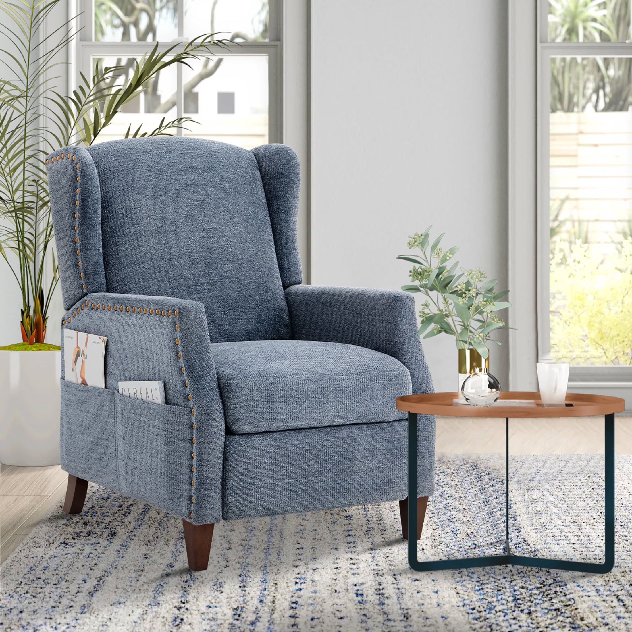 AFO Push-Back Recliner with Side Pockets, Solid Wood Ergonomic Armchair for Living Room and Bedroom