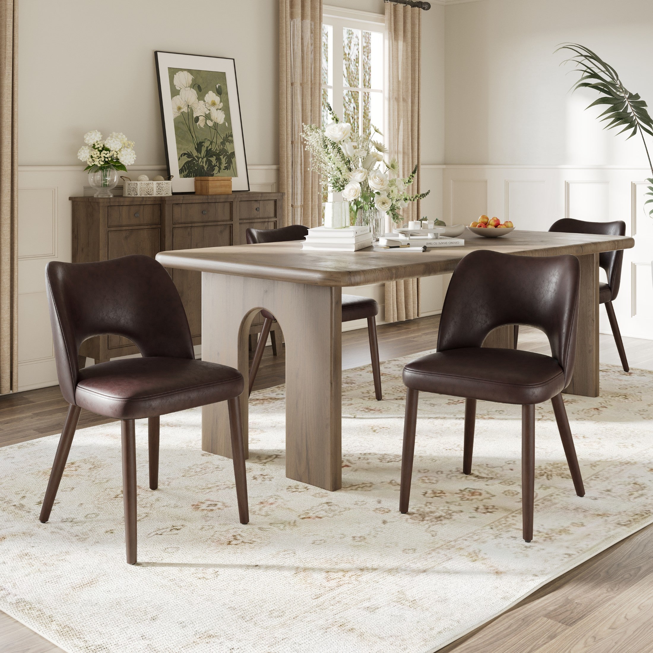 AFO Faux Leather Dining Chairs, Ergonomic Curved Kitchen Side Chairs with Solid Wood Legs, For Dining Room, Living Room, Cafe & Kitchen