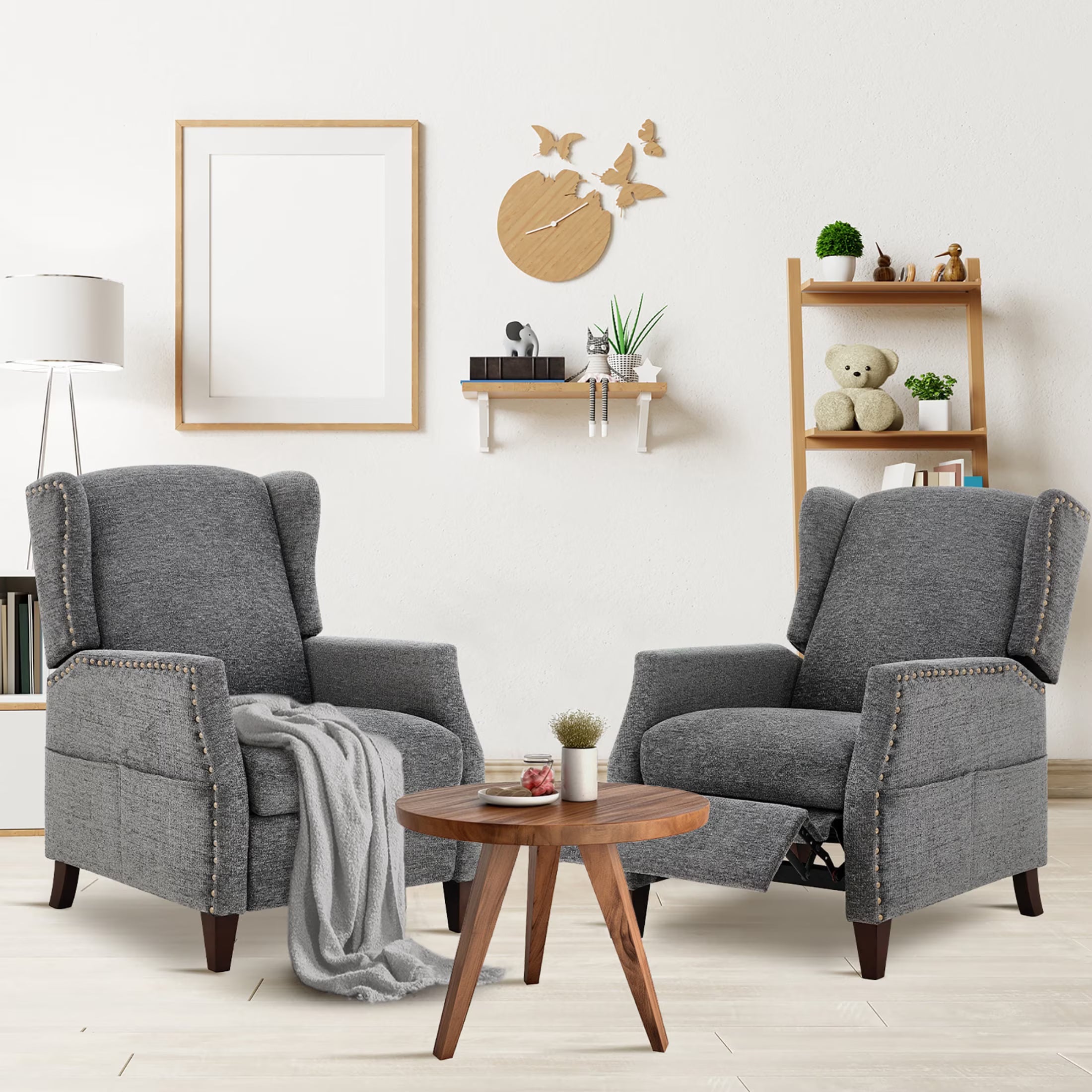 AFO Push-Back Recliner with Side Pockets, Solid Wood Ergonomic Armchair for Living Room and Bedroom