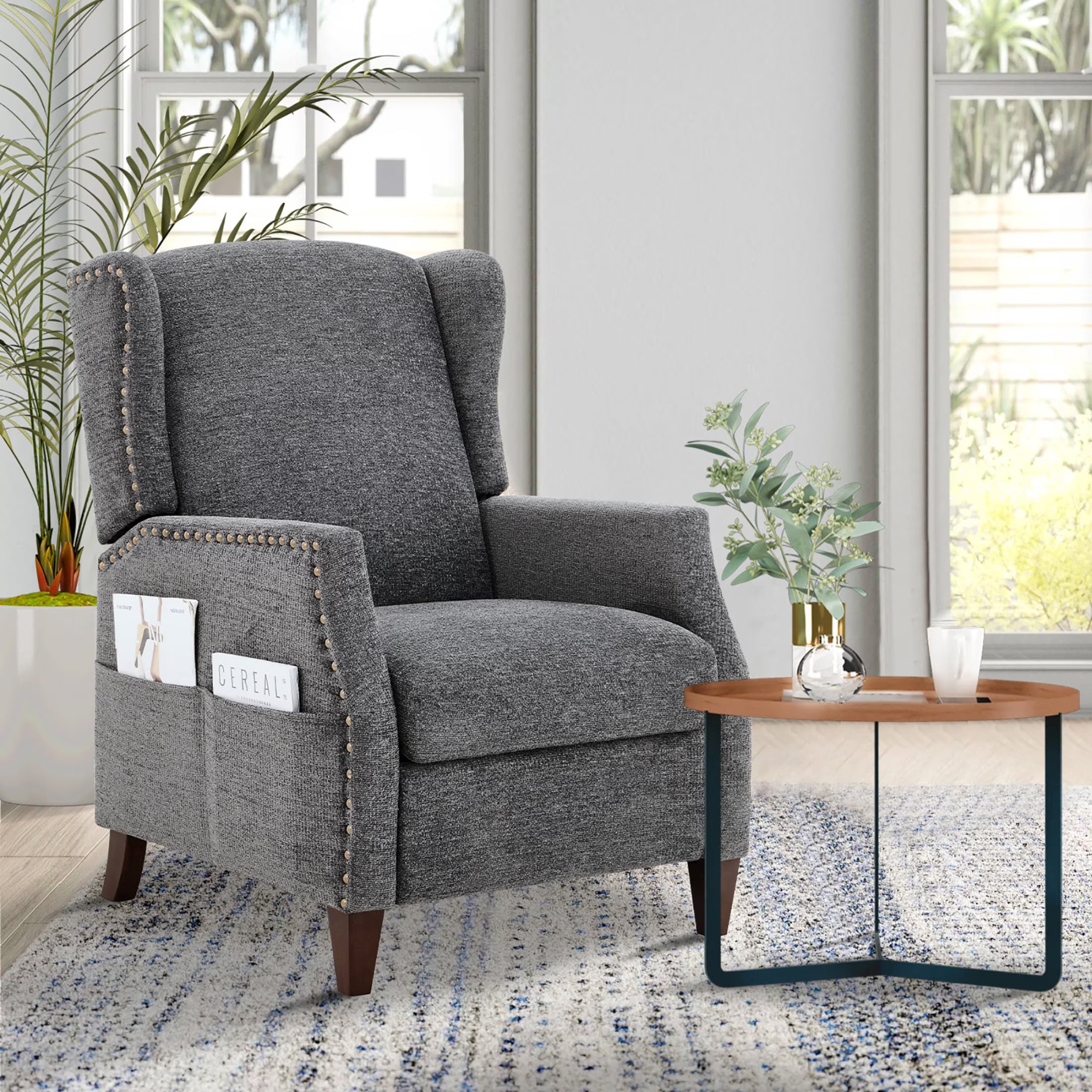 AFO Push-Back Recliner with Side Pockets, Solid Wood Ergonomic Armchair for Living Room and Bedroom