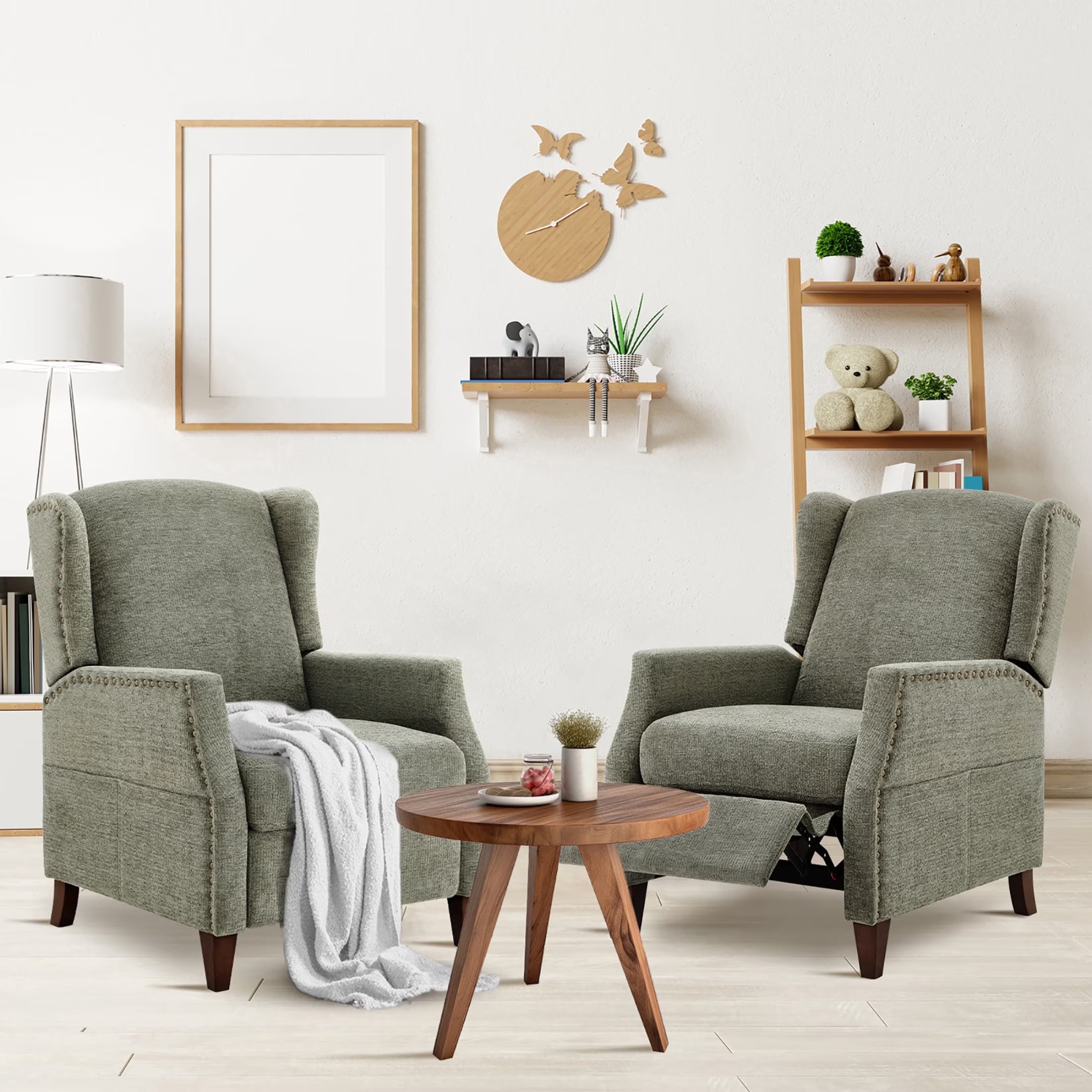 AFO Push-Back Recliner with Side Pockets, Solid Wood Ergonomic Armchair for Living Room and Bedroom
