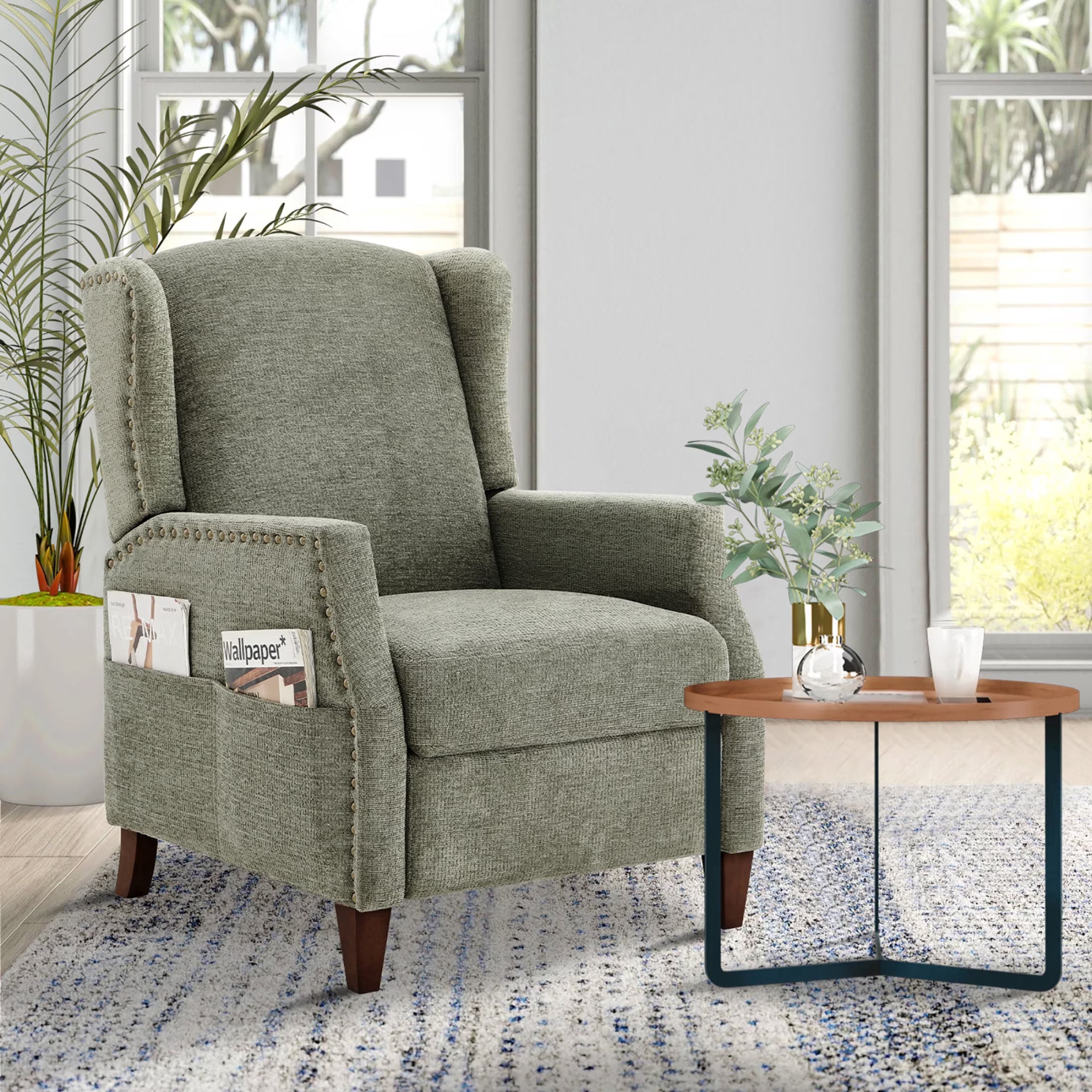 AFO Push-Back Recliner with Side Pockets, Solid Wood Ergonomic Armchair for Living Room and Bedroom