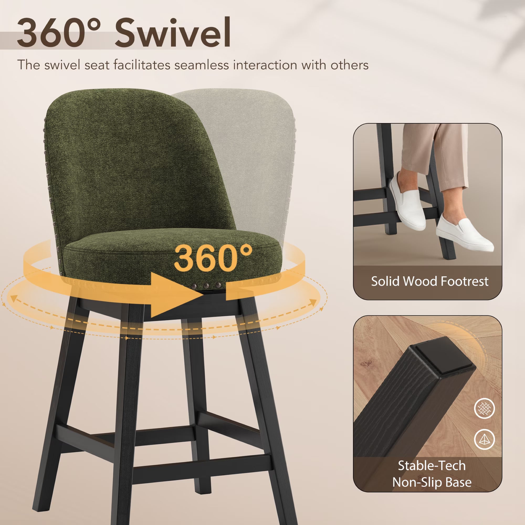 AFO 26" Upholstered Swivel Counter Height Bar Stools, Modern Bar Chairs with Solid Wood Frame, Suitable for 35"-39" Table, For Kitchen Island Dining Room Pub Restaurant