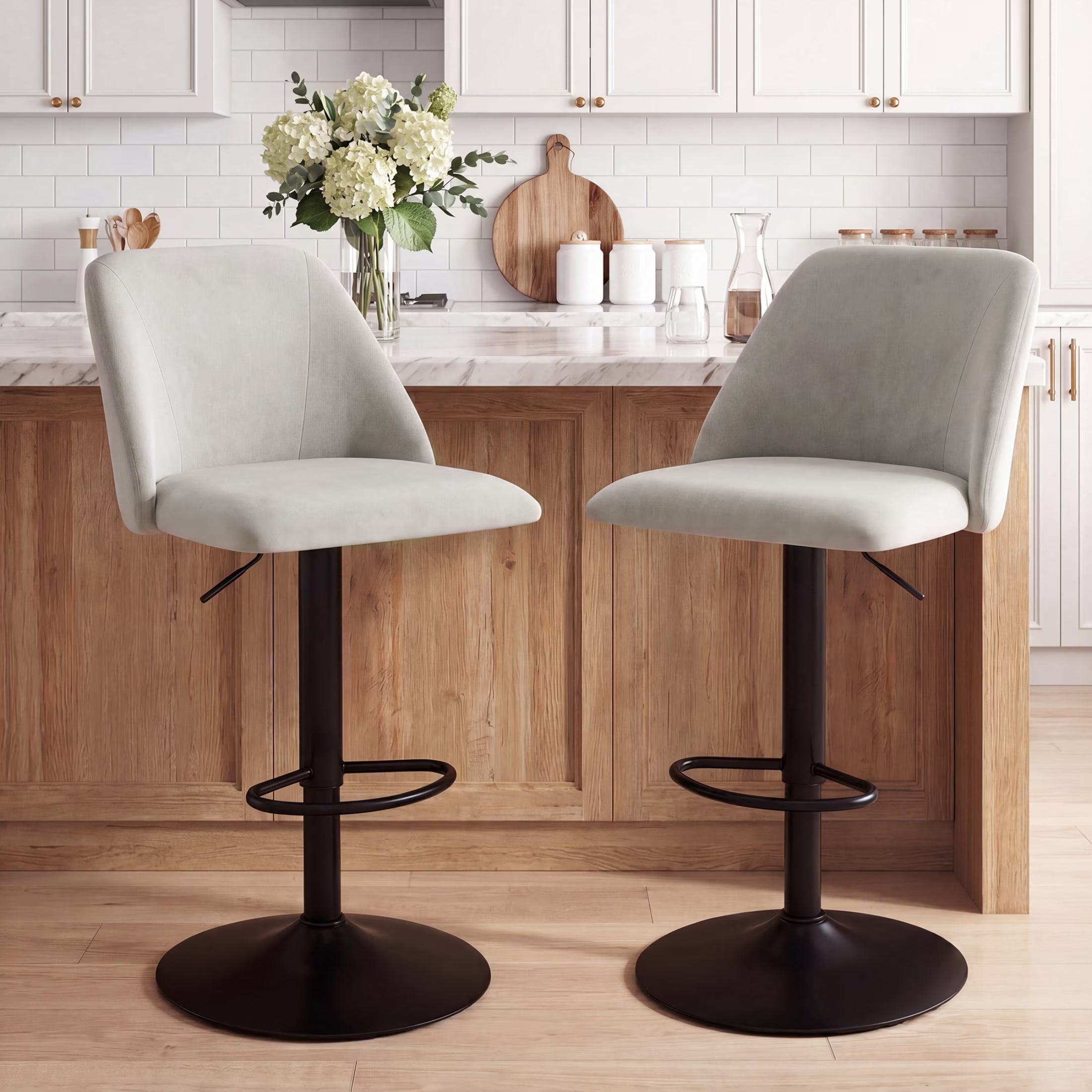 AFO Swivel Counter Height Bar Stools, Fabric Adjustable Upholstered Bar Chairs with Full Backrest, Modern Barstools for Kitchen Island, Dining Room, Café and Home Bar