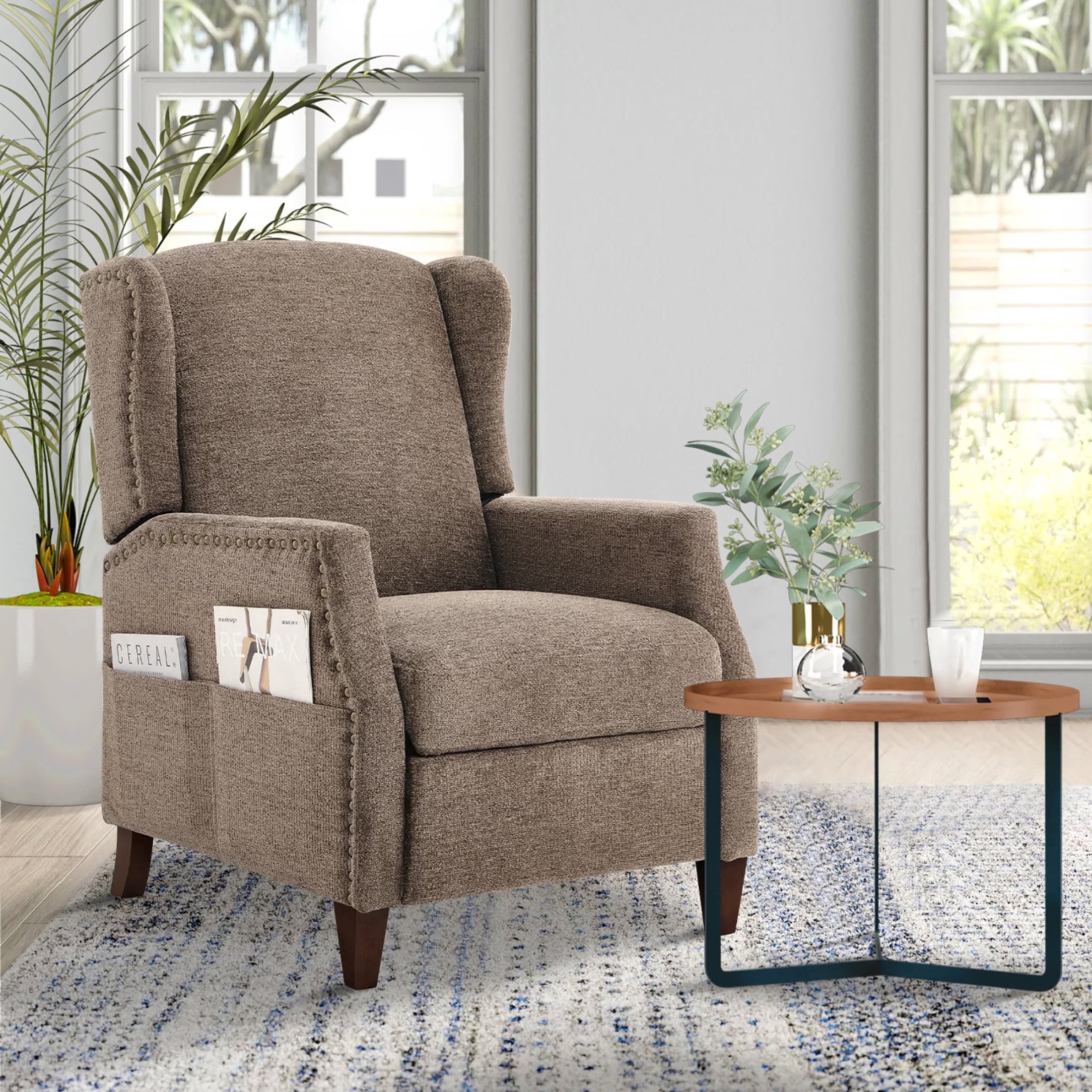AFO Push-Back Recliner with Side Pockets, Solid Wood Ergonomic Armchair for Living Room and Bedroom