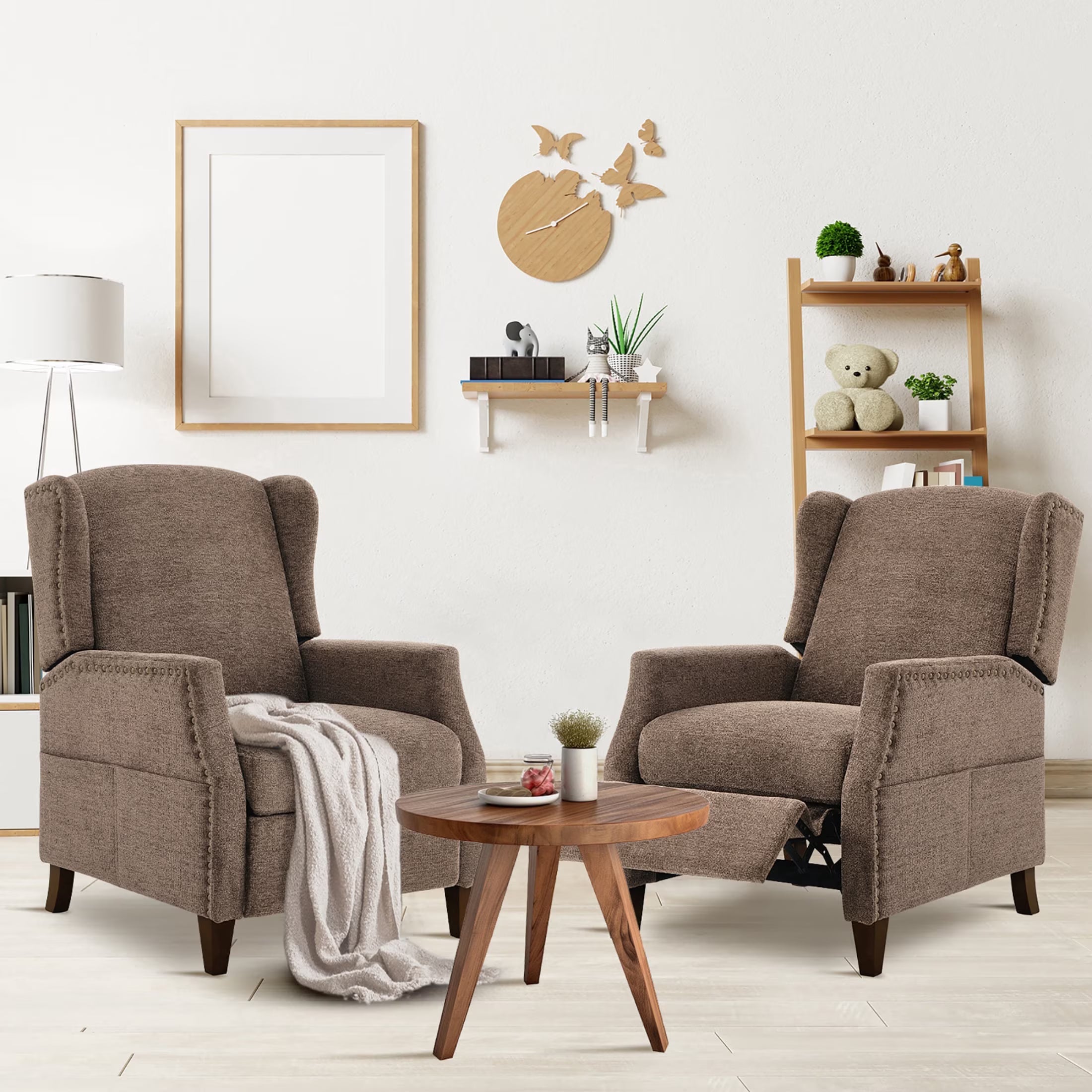 AFO Push-Back Recliner with Side Pockets, Solid Wood Ergonomic Armchair for Living Room and Bedroom
