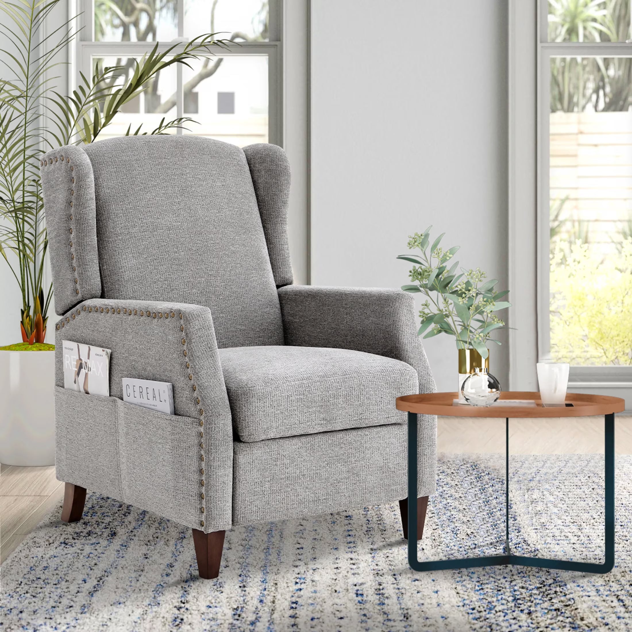 AFO Push-Back Recliner with Side Pockets, Solid Wood Ergonomic Armchair for Living Room and Bedroom