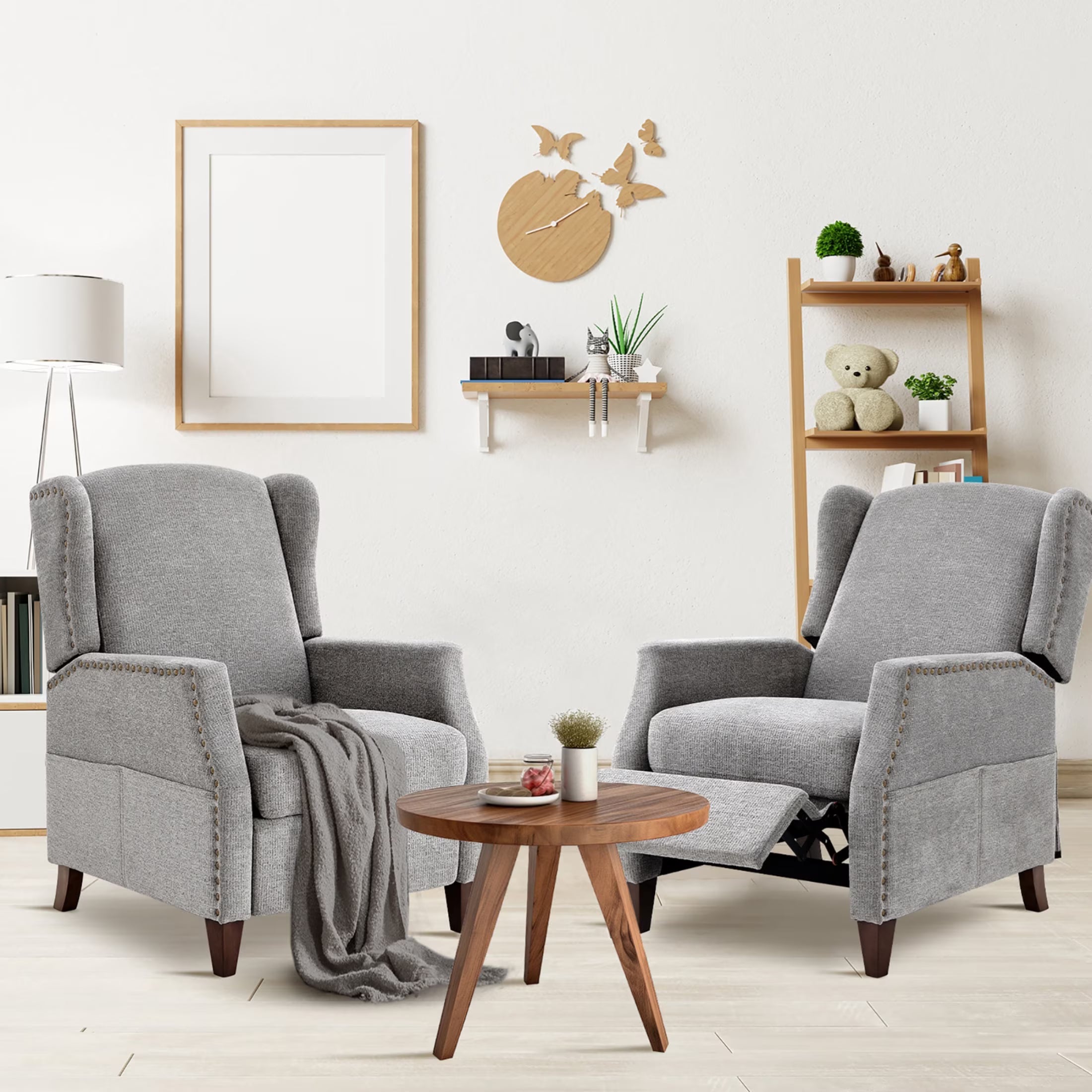 AFO Push-Back Recliner with Side Pockets, Solid Wood Ergonomic Armchair for Living Room and Bedroom