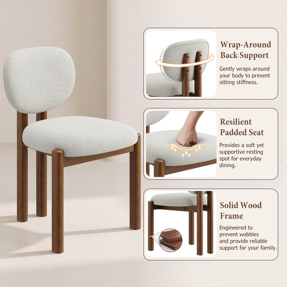 Dining Chairs with Wood Legs, Upholstered Side Chairs with Ergonomic Backrest for Dining Room and Kitchen