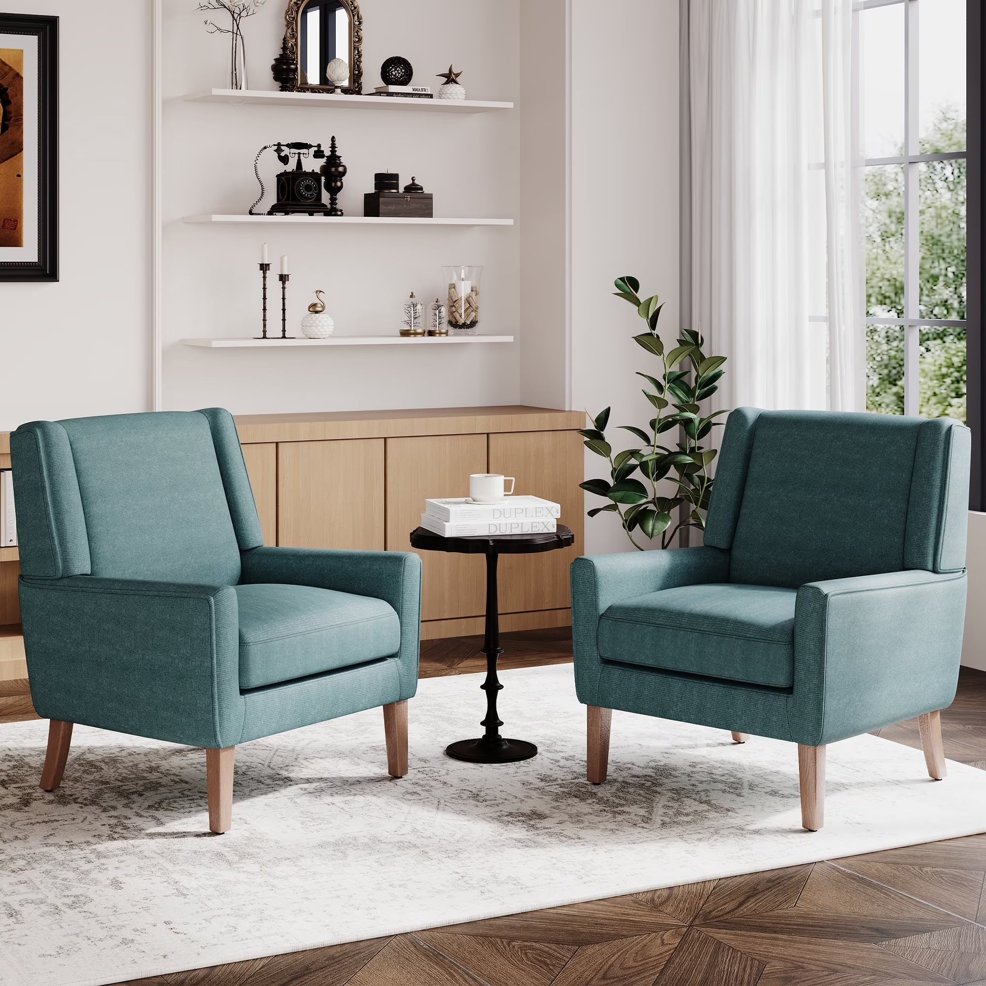 AFO Modern Accent Chair, High Back Upholstered Fabric Armchair with Wood Legs, Mid-Century Wingback Chair for Living Room Bedroom