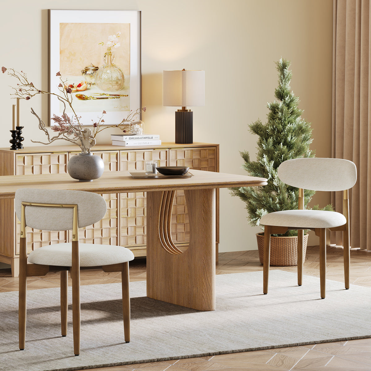 AFO Dining Chairs, Chenille Upholstered Kitchen Side Chairs with Wood Legs and Backrest for Modern Mid-Century Dining Room and Restaurant