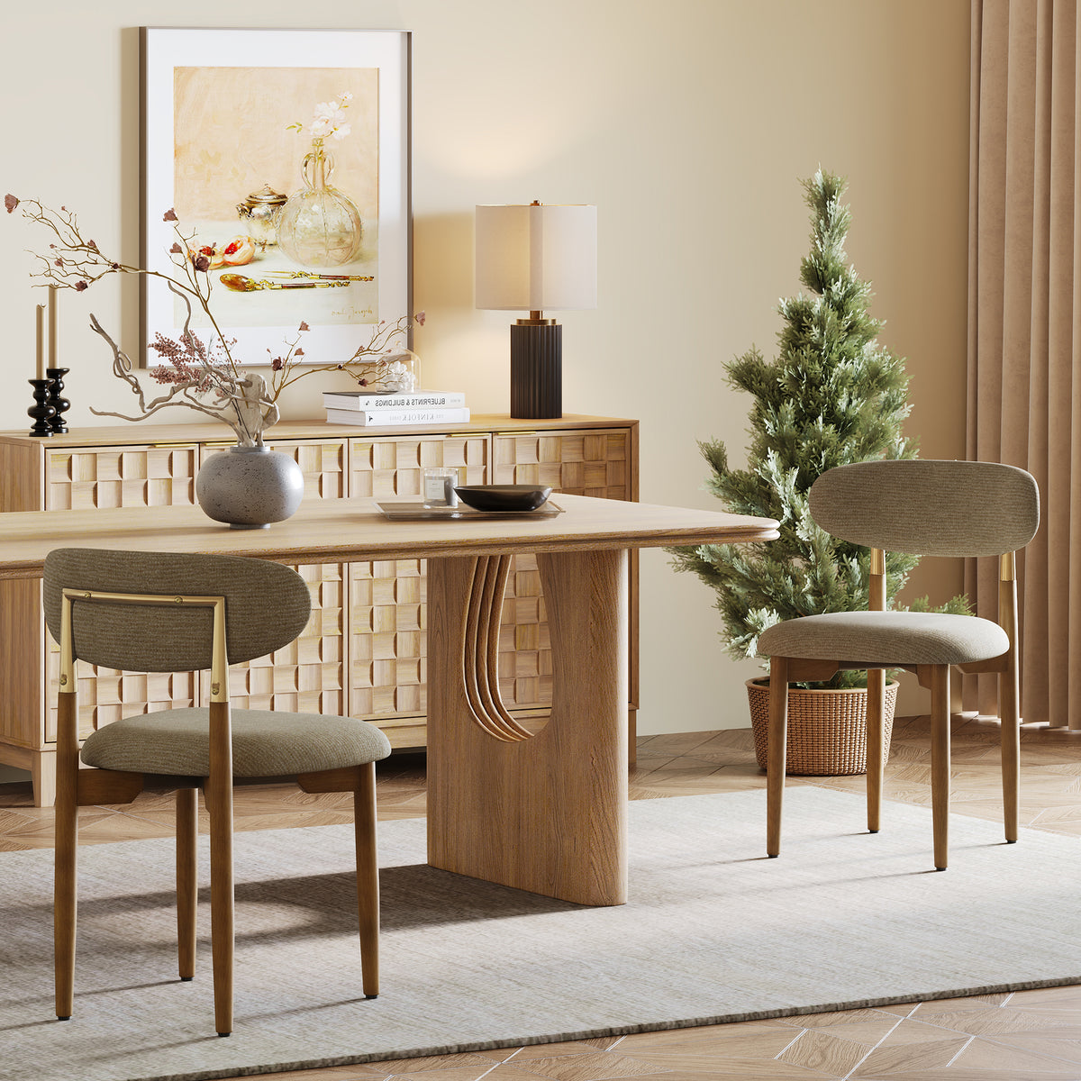 AFO Dining Chairs, Chenille Upholstered Kitchen Side Chairs with Wood Legs and Backrest for Modern Mid-Century Dining Room and Restaurant