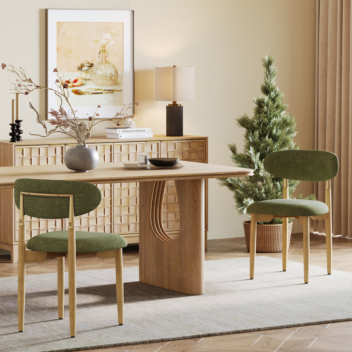 AFO Dining Chairs, Chenille Upholstered Kitchen Side Chairs with Wood Legs and Backrest for Modern Mid-Century Dining Room and Restaurant