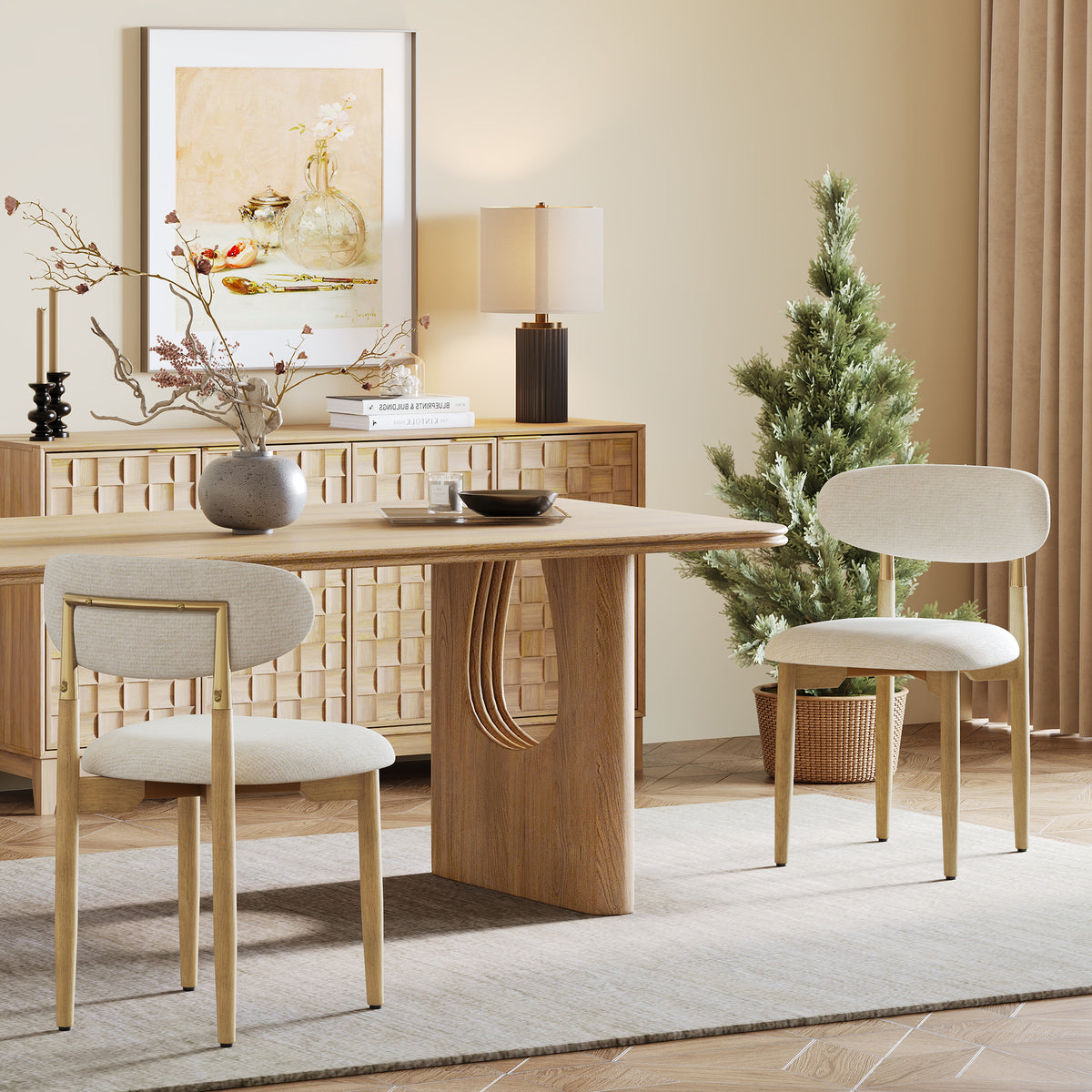 AFO Dining Chairs, Chenille Upholstered Kitchen Side Chairs with Wood Legs and Backrest for Modern Mid-Century Dining Room and Restaurant