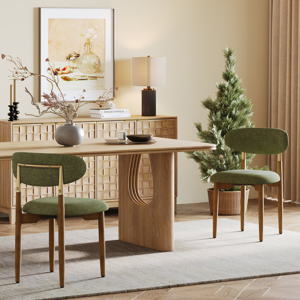 AFO Dining Chairs, Chenille Upholstered Kitchen Side Chairs with Wood Legs and Backrest for Modern Mid-Century Dining Room and Restaurant