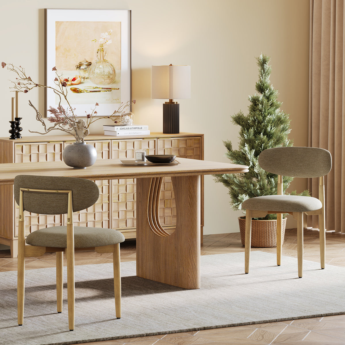 AFO Dining Chairs, Chenille Upholstered Kitchen Side Chairs with Wood Legs and Backrest for Modern Mid-Century Dining Room and Restaurant