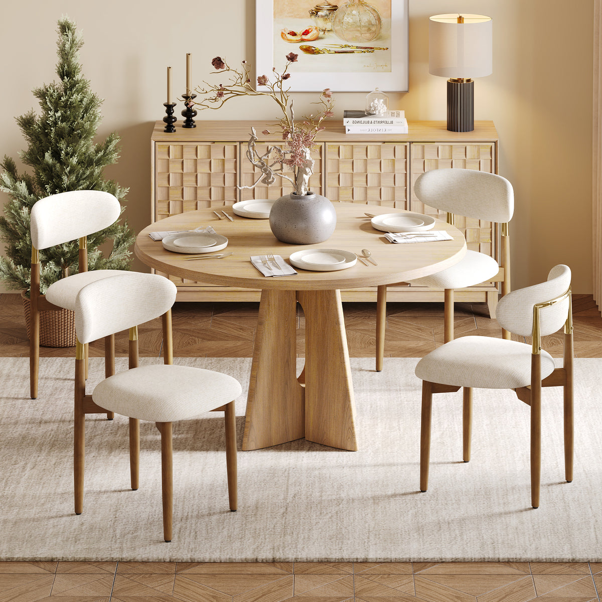 AFO Dining Chairs, Chenille Upholstered Kitchen Side Chairs with Wood Legs and Backrest for Modern Mid-Century Dining Room and Restaurant