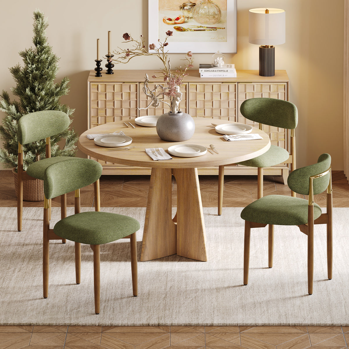 AFO Dining Chairs, Chenille Upholstered Kitchen Side Chairs with Wood Legs and Backrest for Modern Mid-Century Dining Room and Restaurant