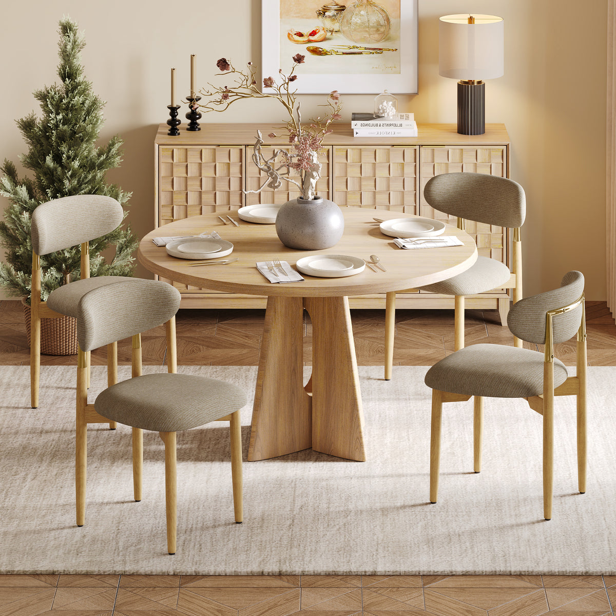 AFO Dining Chairs, Chenille Upholstered Kitchen Side Chairs with Wood Legs and Backrest for Modern Mid-Century Dining Room and Restaurant