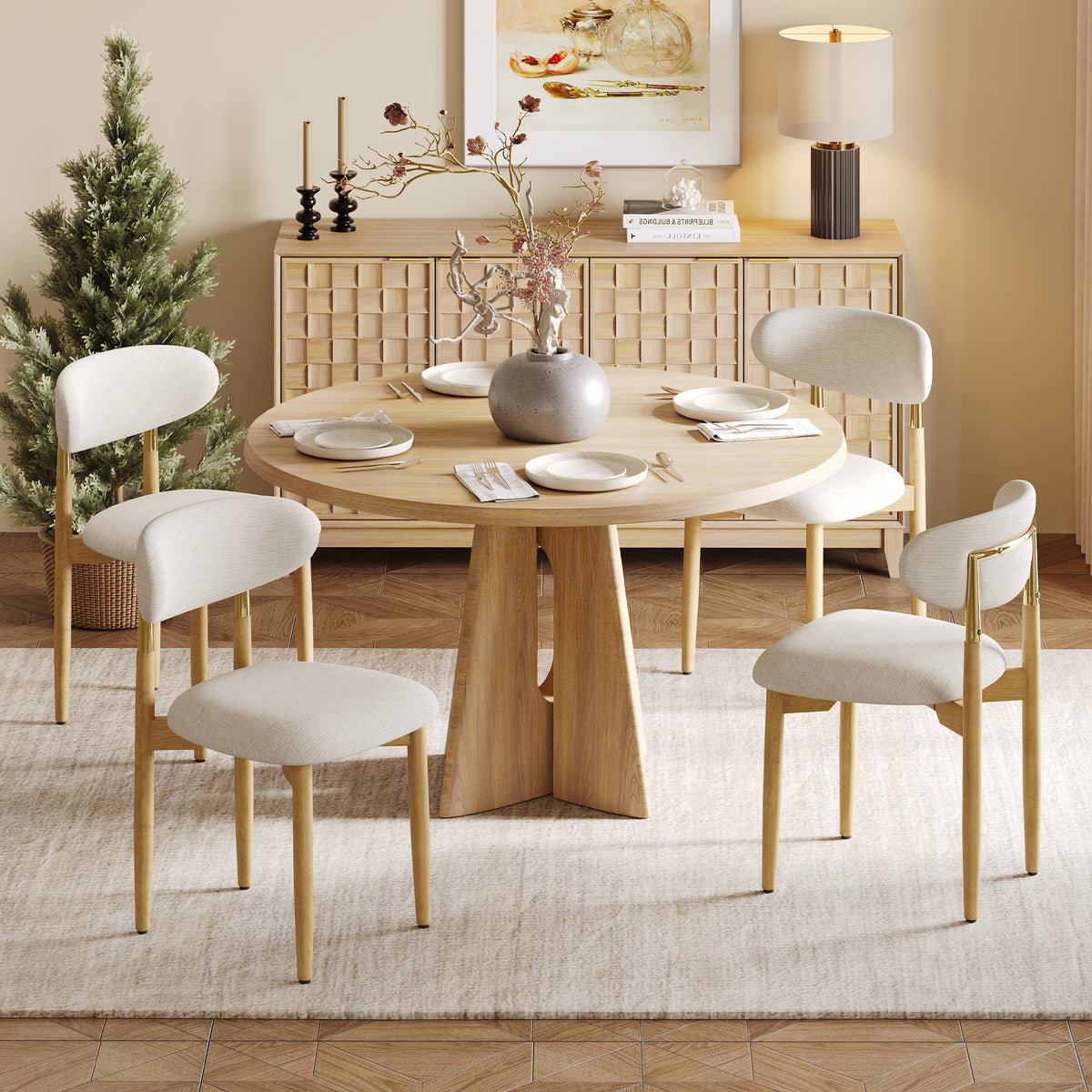AFO Dining Chairs, Chenille Upholstered Kitchen Side Chairs with Wood Legs and Backrest for Modern Mid-Century Dining Room and Restaurant