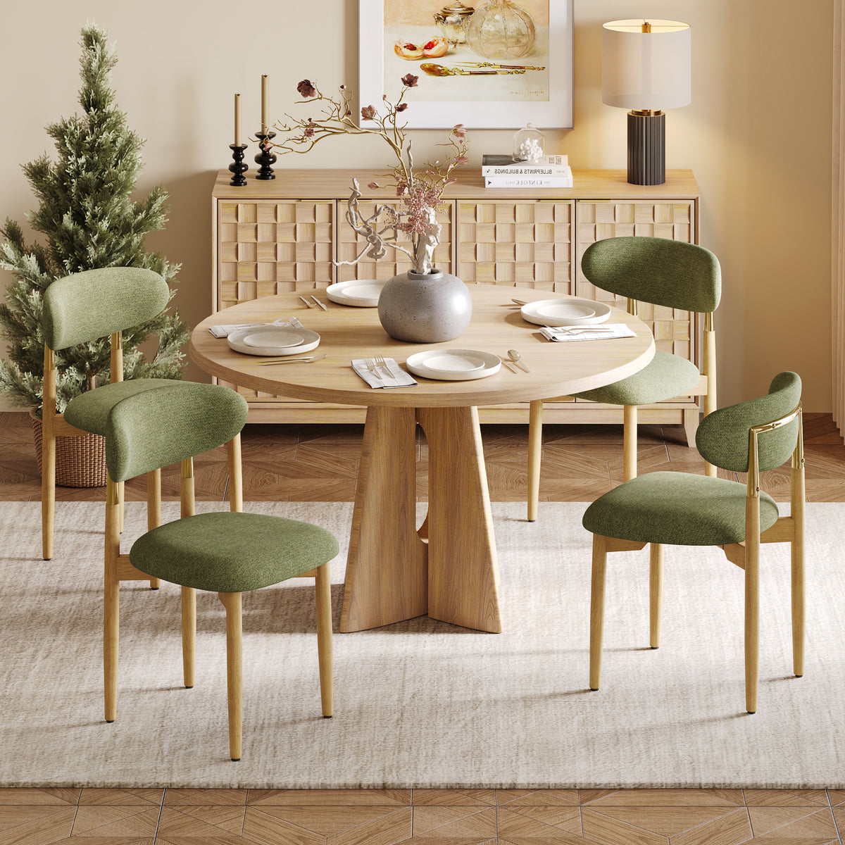 AFO Dining Chairs, Chenille Upholstered Kitchen Side Chairs with Wood Legs and Backrest for Modern Mid-Century Dining Room and Restaurant