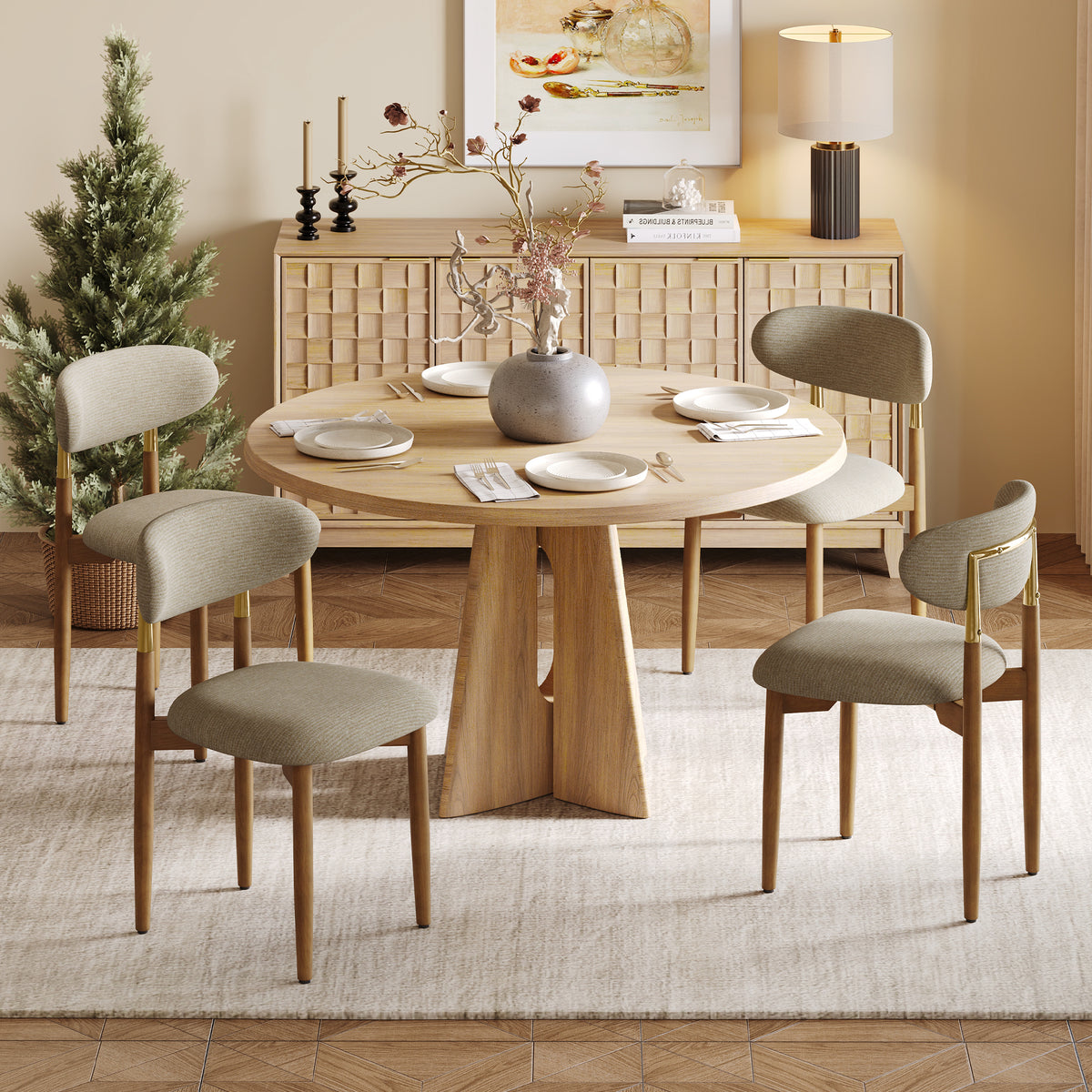 AFO Dining Chairs, Chenille Upholstered Kitchen Side Chairs with Wood Legs and Backrest for Modern Mid-Century Dining Room and Restaurant