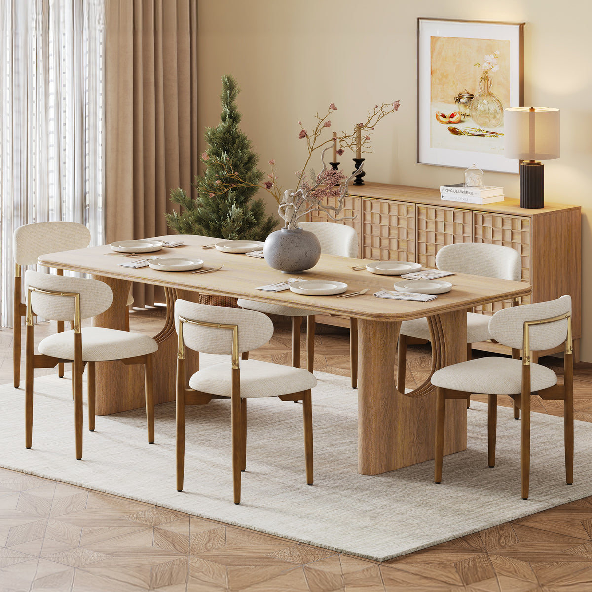 AFO Dining Chairs, Chenille Upholstered Kitchen Side Chairs with Wood Legs and Backrest for Modern Mid-Century Dining Room and Restaurant