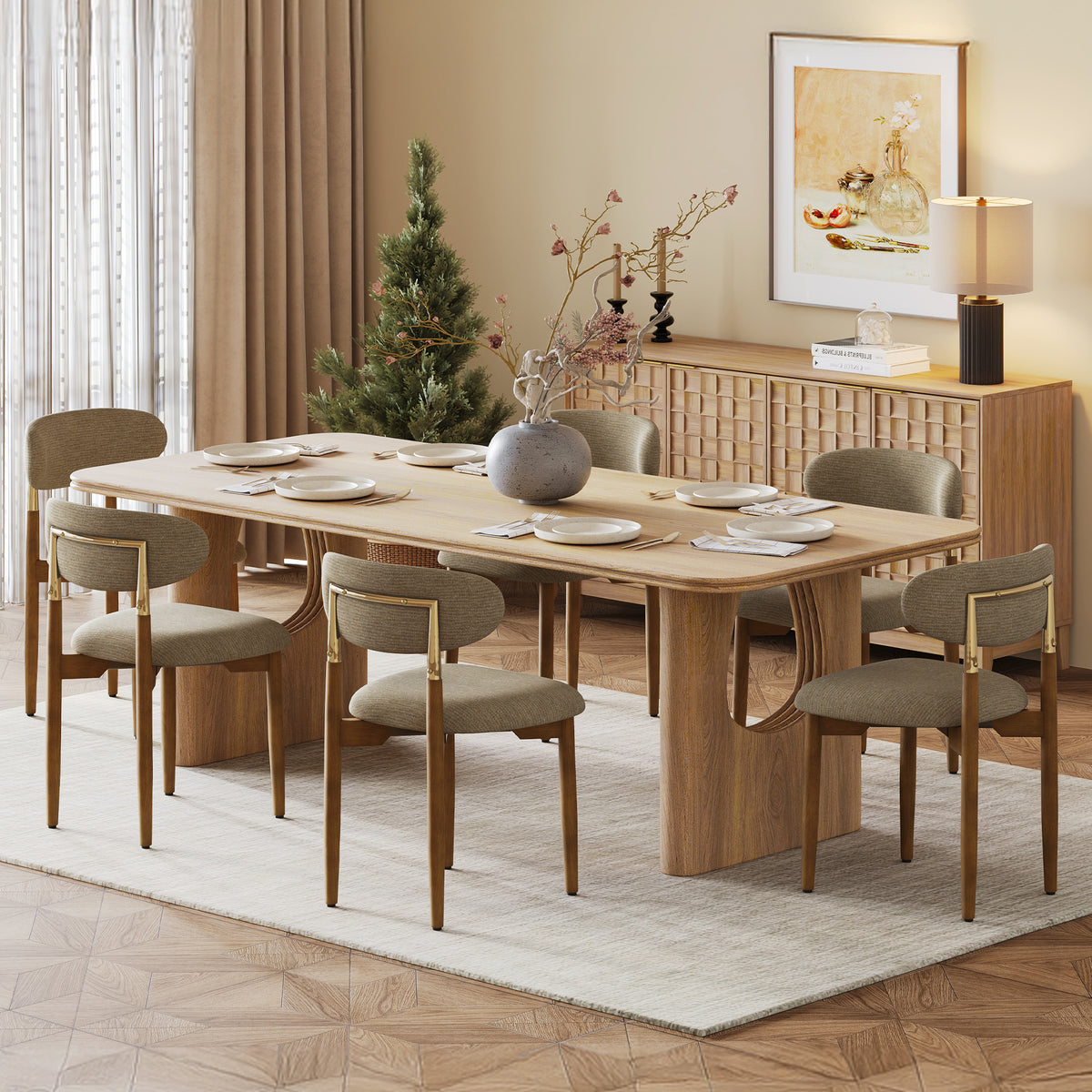 AFO Dining Chairs, Chenille Upholstered Kitchen Side Chairs with Wood Legs and Backrest for Modern Mid-Century Dining Room and Restaurant