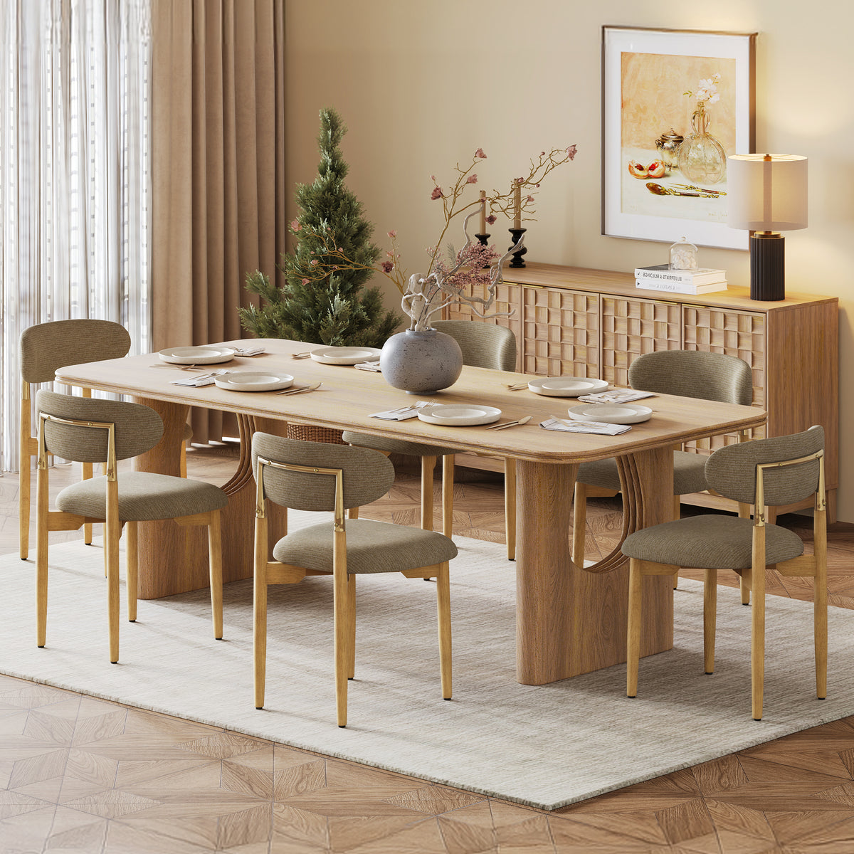 AFO Dining Chairs, Chenille Upholstered Kitchen Side Chairs with Wood Legs and Backrest for Modern Mid-Century Dining Room and Restaurant