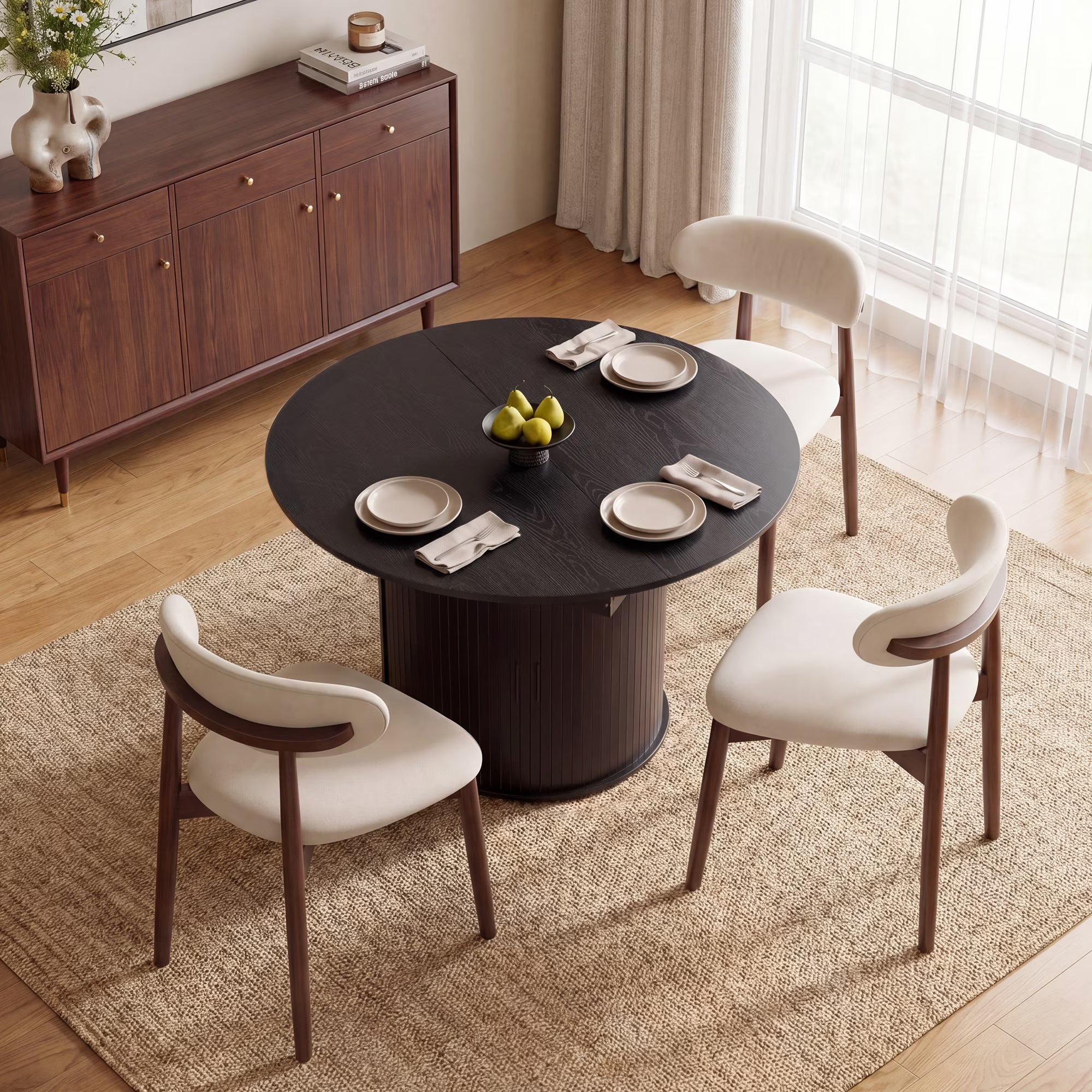 AFO Expandable Dining Table Set, Round to Oval Wood Kitchen Table with Storage Cabinet and Chairs for Small Spaces