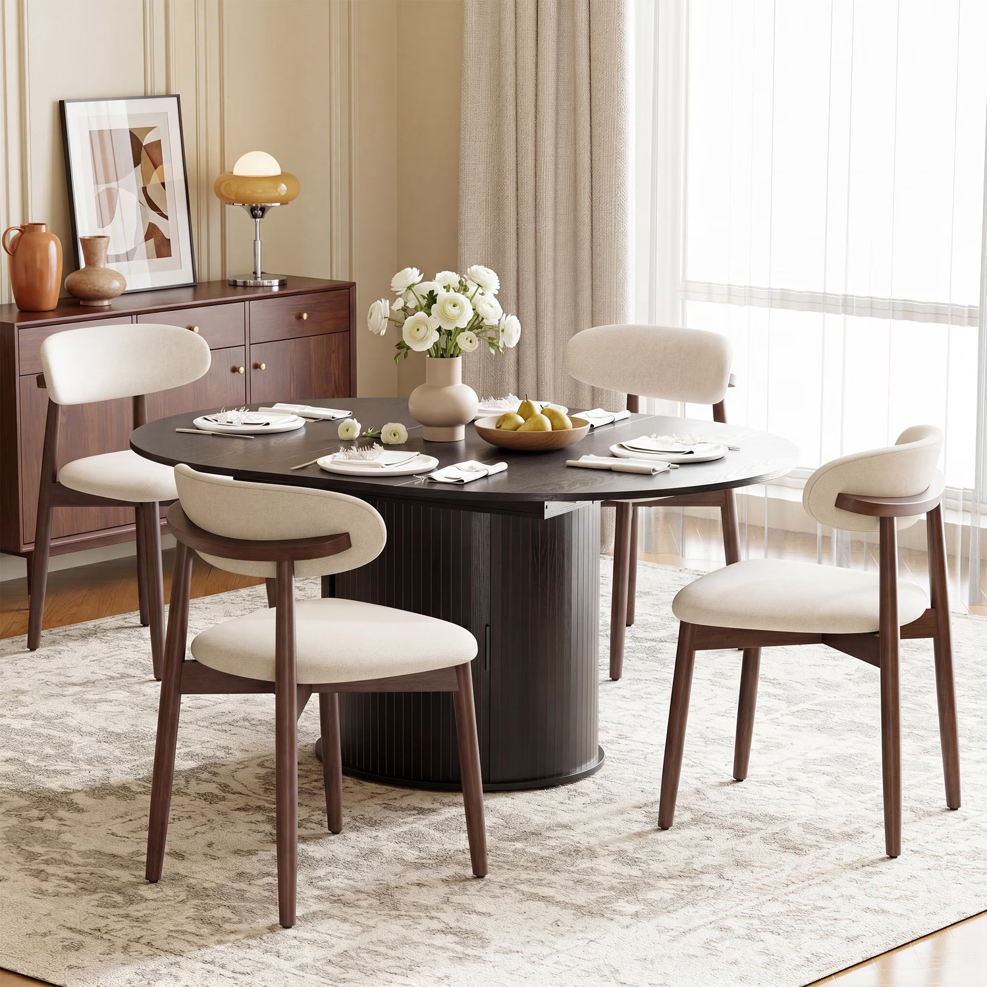 AFO Expandable Dining Table Set, Round to Oval Wood Kitchen Table with Storage Cabinet and Chairs for Small Spaces