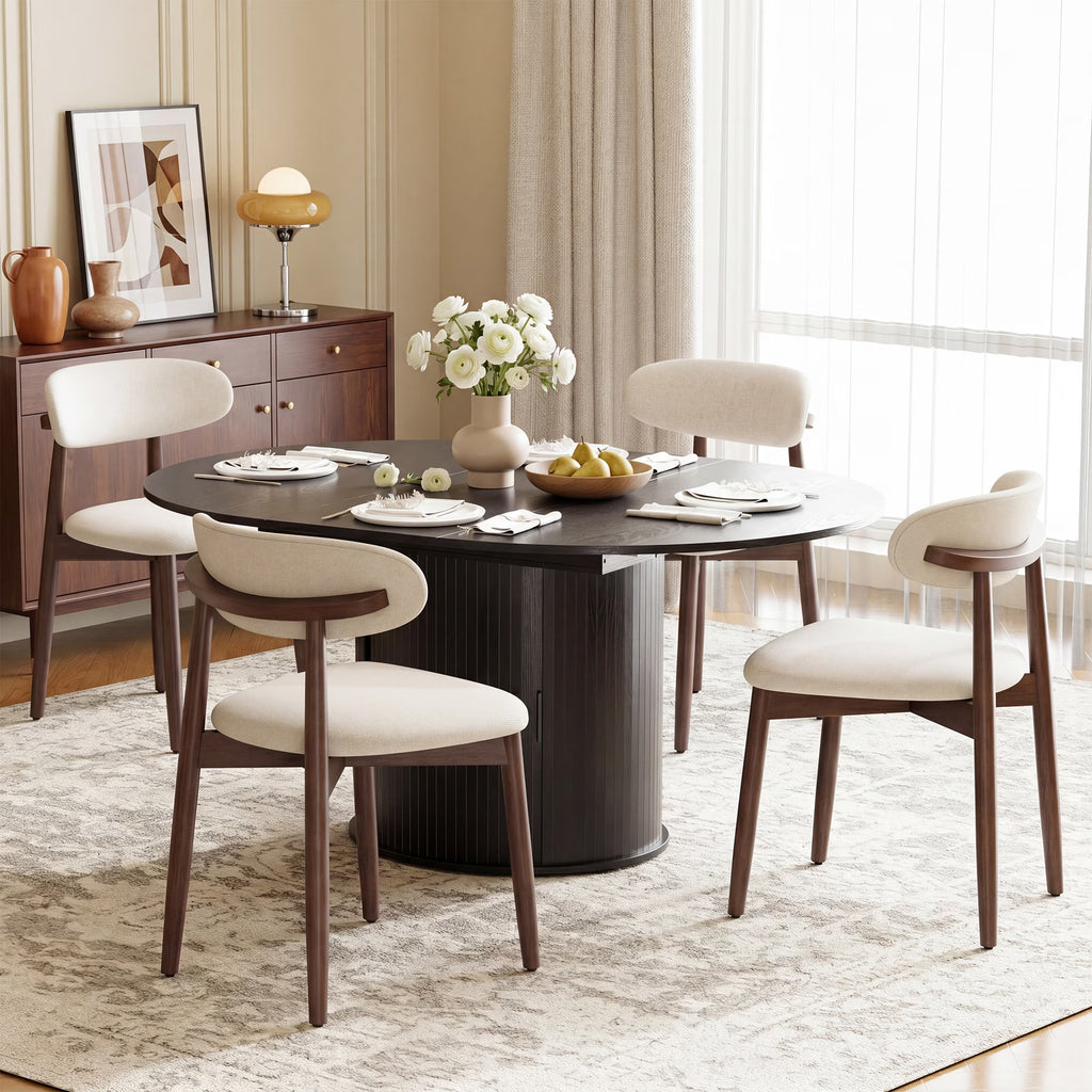 AFO Expandable Dining Table Set, Round to Oval Wood Kitchen Table with Storage Cabinet and Chairs for Small Spaces