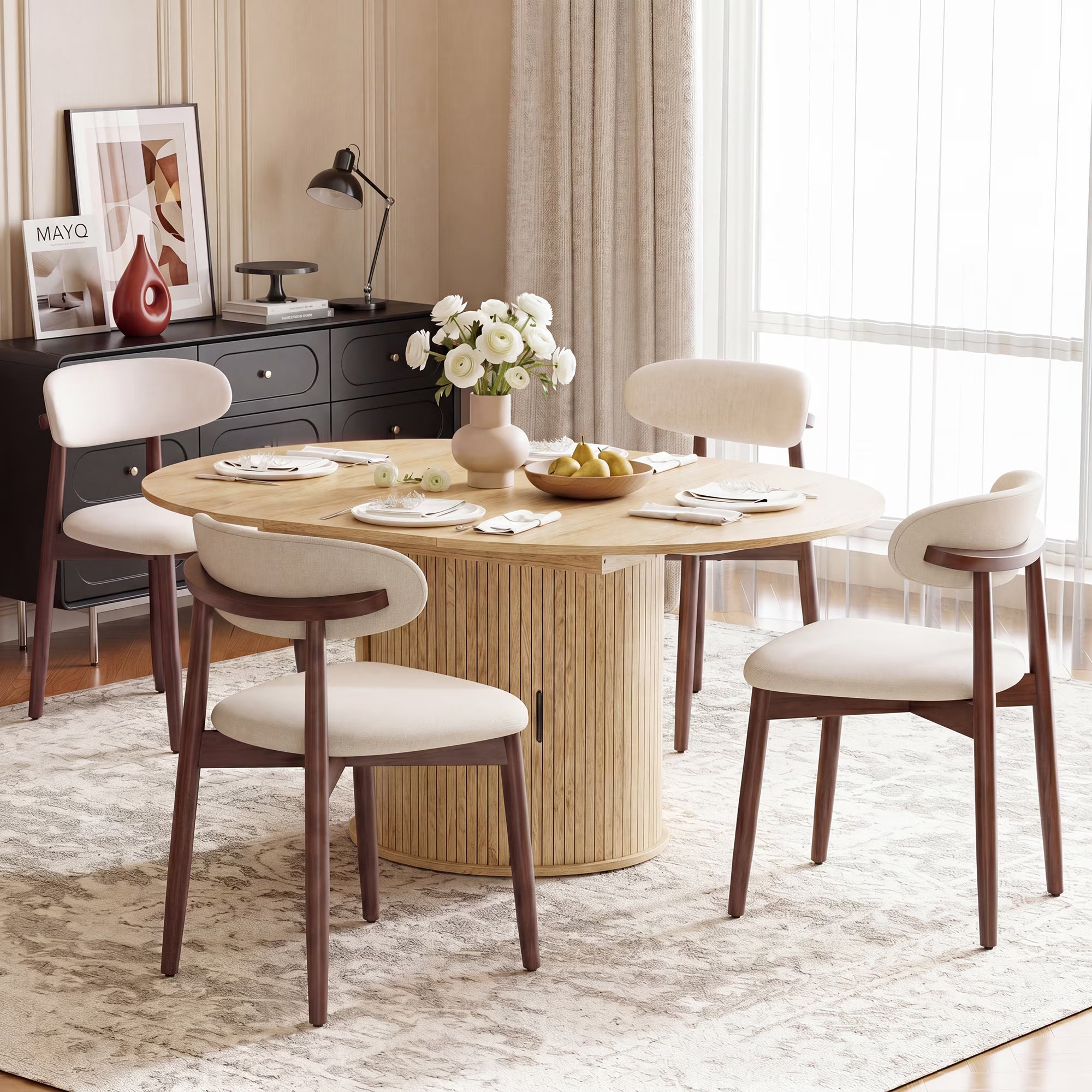 AFO Expandable Dining Table Set, Round to Oval Wood Kitchen Table with Storage Cabinet and Chairs for Small Spaces