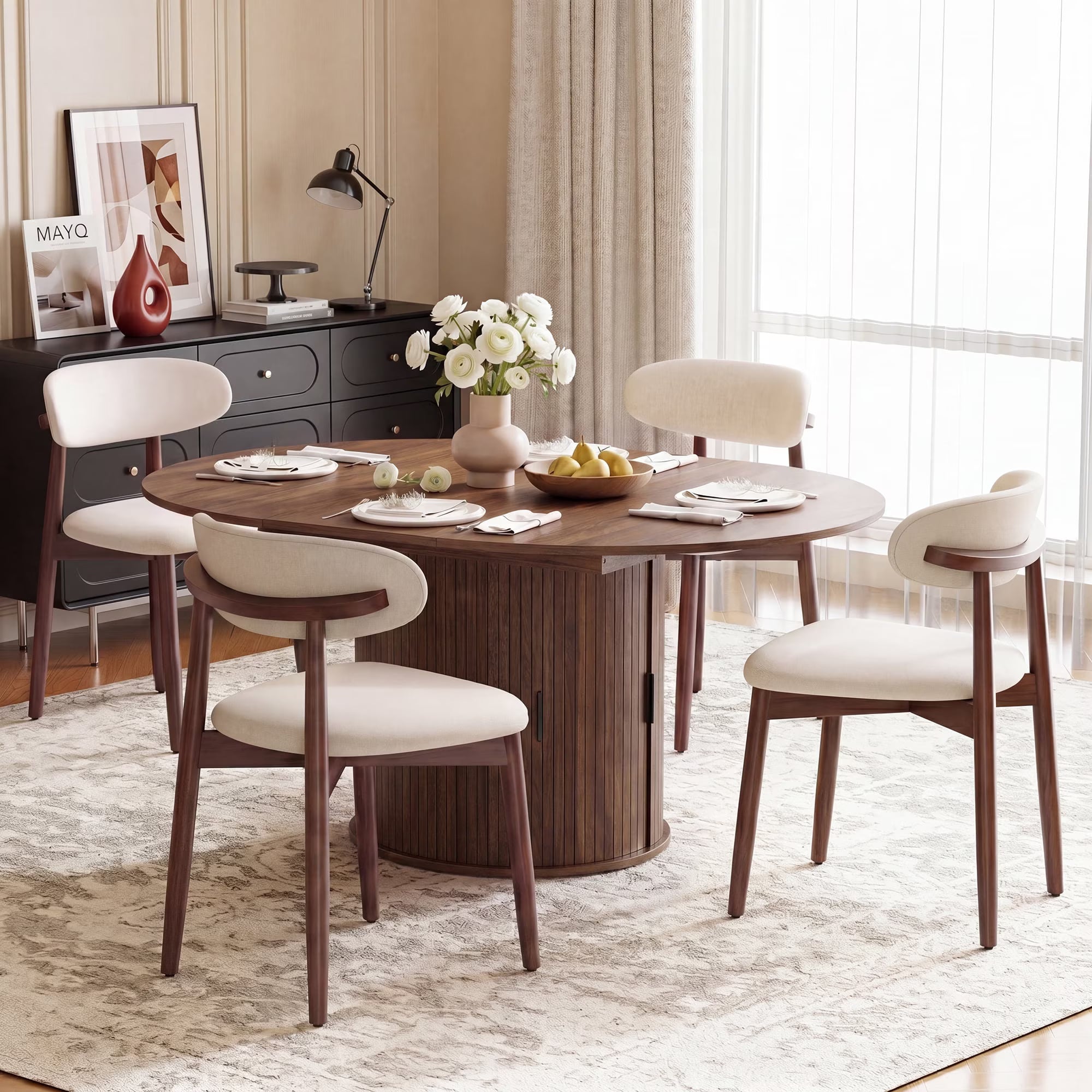 AFO Expandable Dining Table Set, Round to Oval Wood Kitchen Table with Storage Cabinet and Chairs for Small Spaces